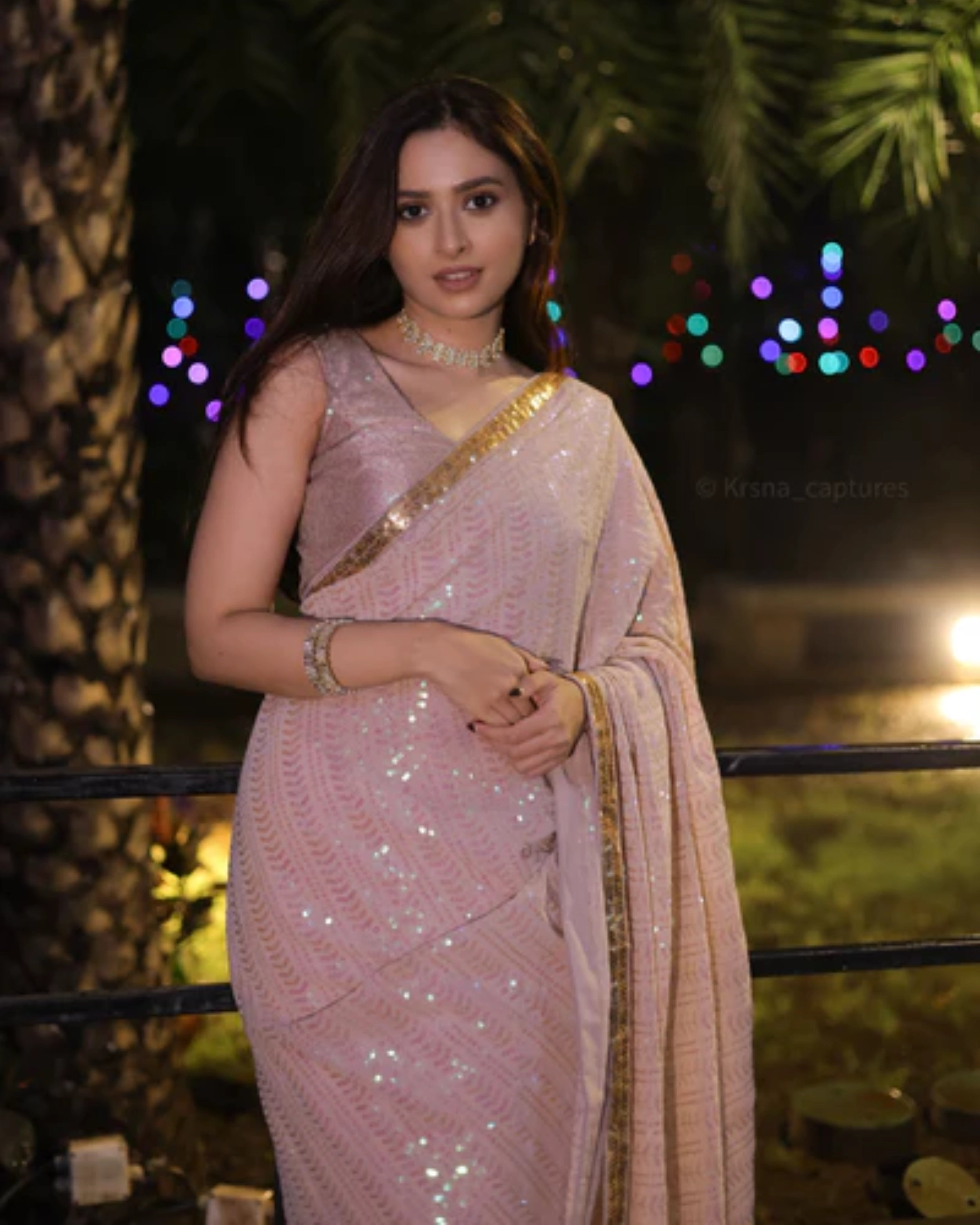 Beige Georgette Saree with All-Over Rainbow Sequin Work and Matching Organza Silk Blouse