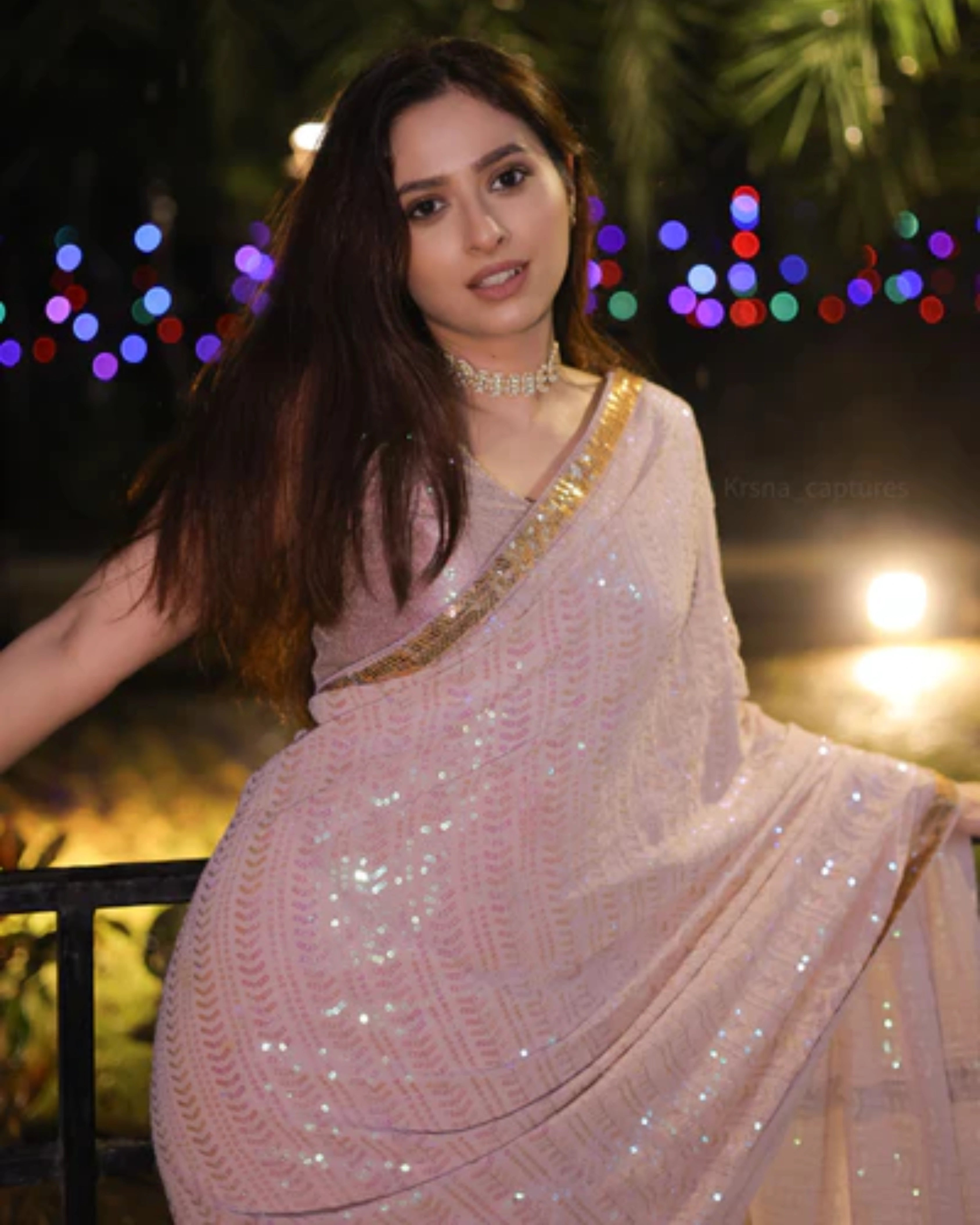 Beige Georgette Saree with All-Over Rainbow Sequin Work and Matching Organza Silk Blouse