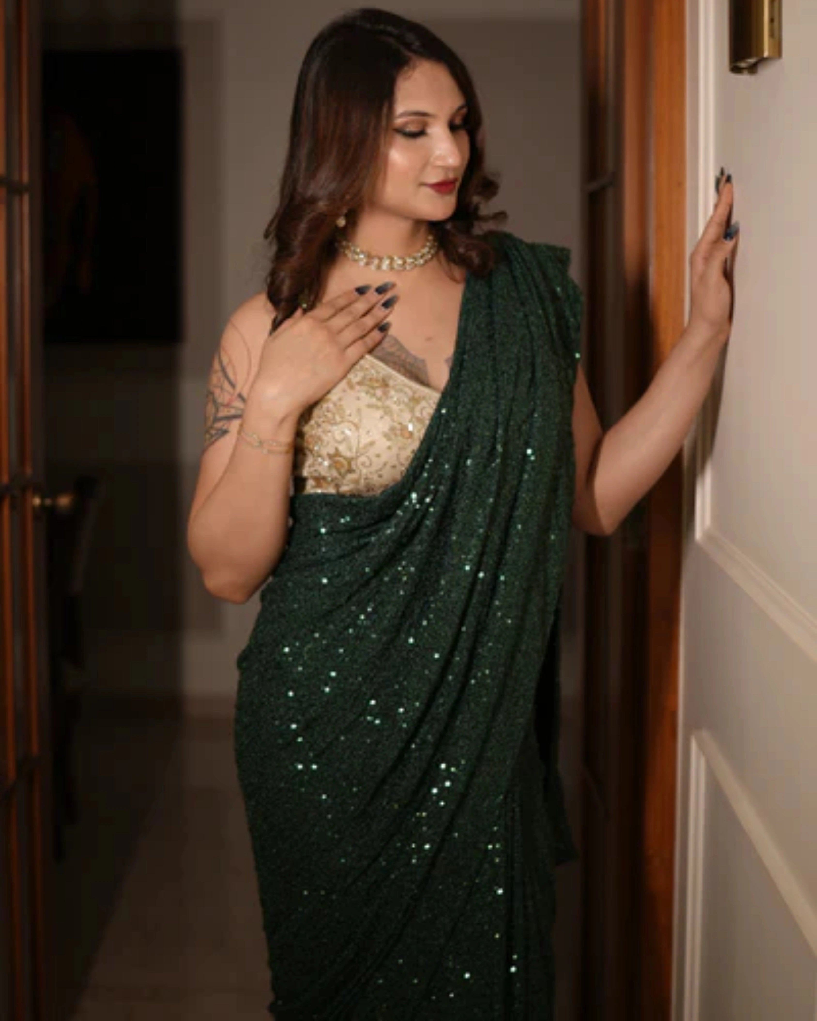Dark Green Georgette Saree with All Over Shimmer Sequin Work and Matching Sequin Blouse