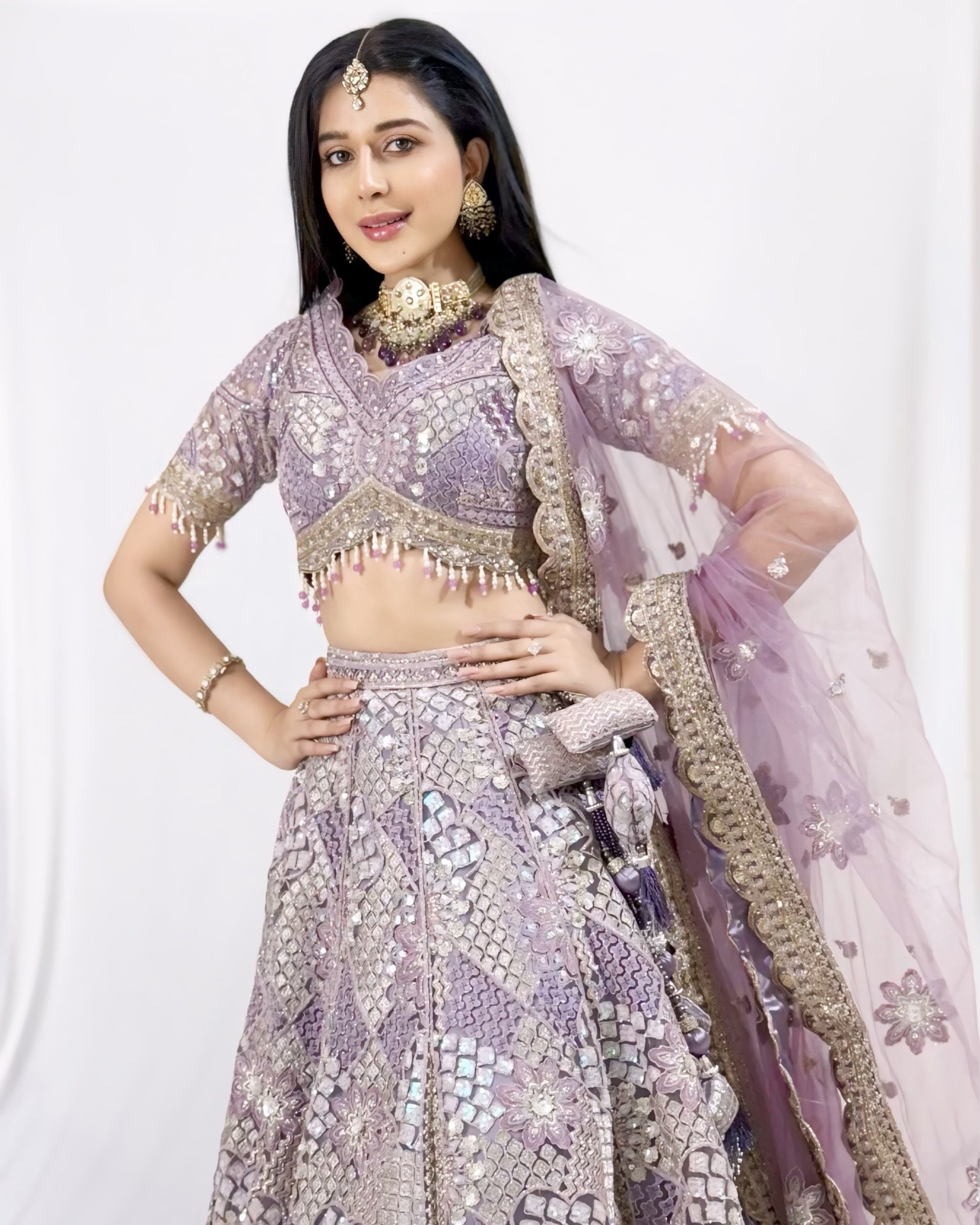 Lavender Silk Lehenga with Floral Embroidery Mirror Stonework and Gold Zari Border Work