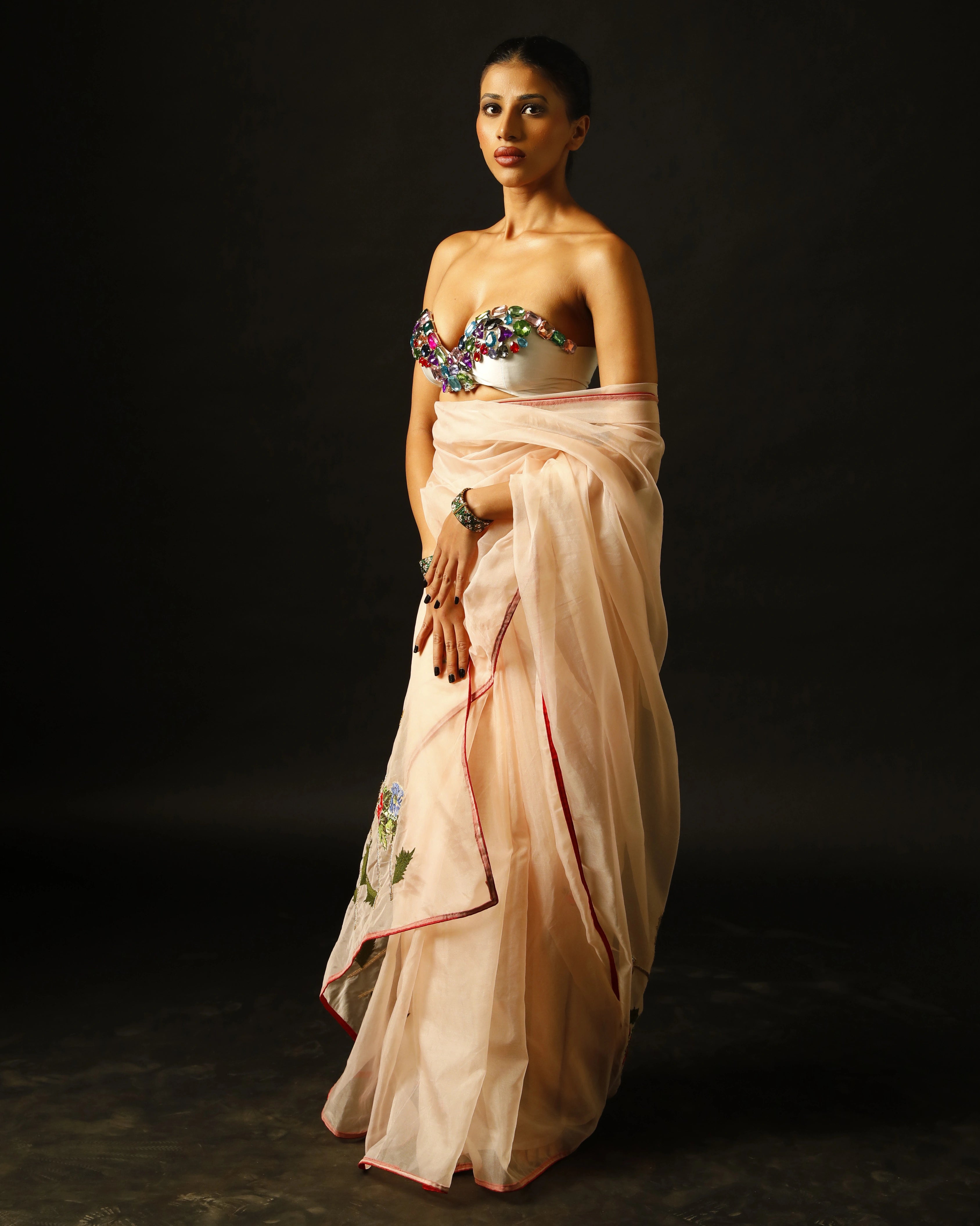 Peach Pink Saree with Multicolor Floral Hand Embroidery and Big Gem Stone Work Blouse