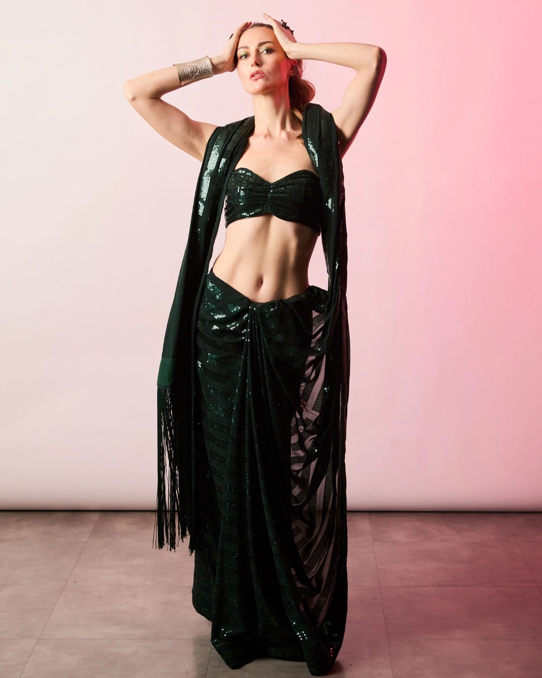 Green Georgette Sequin Stripes Saree with Fringe Pallu and Matching Sequin Blouse