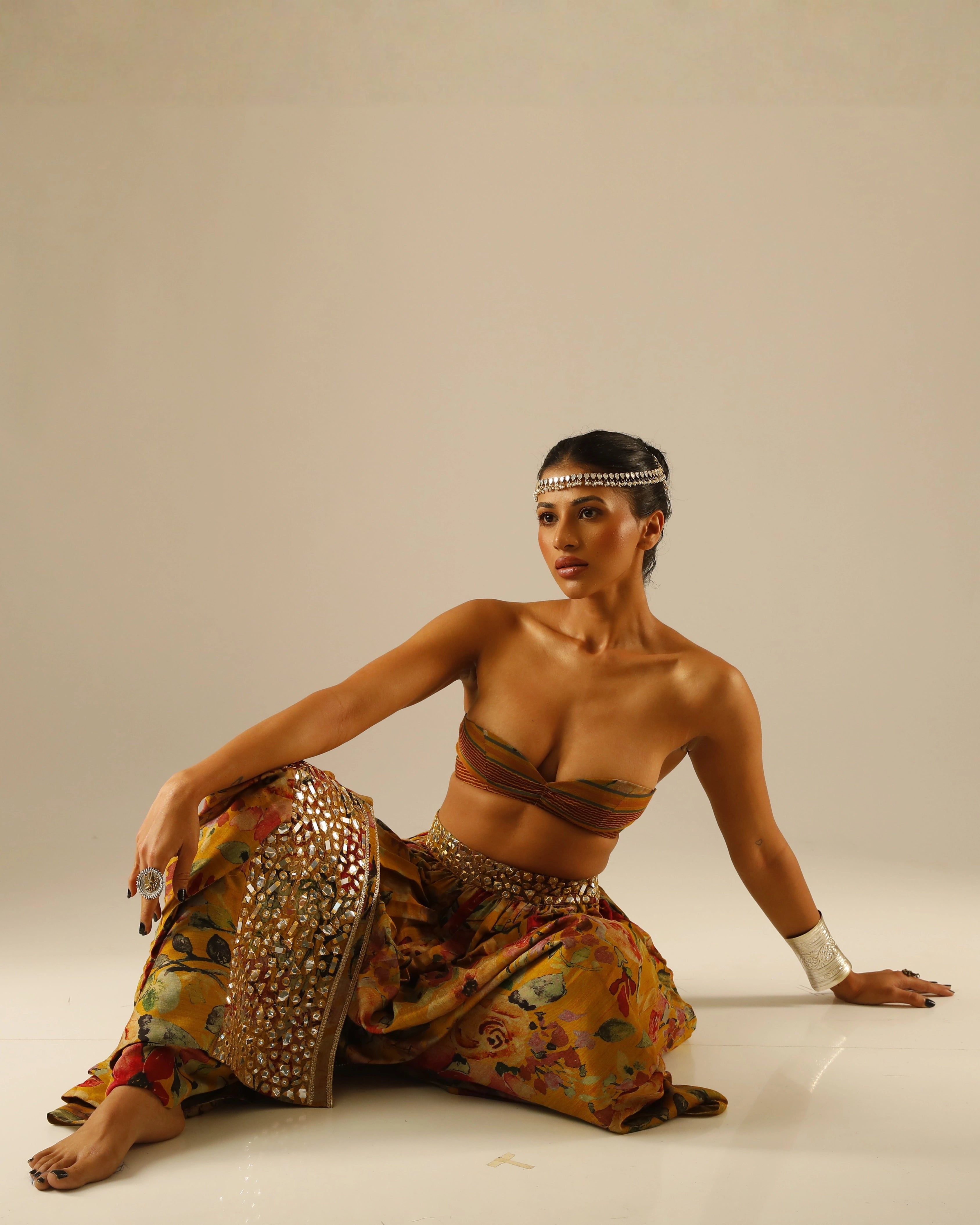 Yellow Silk Floral Skirt and Jacket Set with All Over Mirror Work