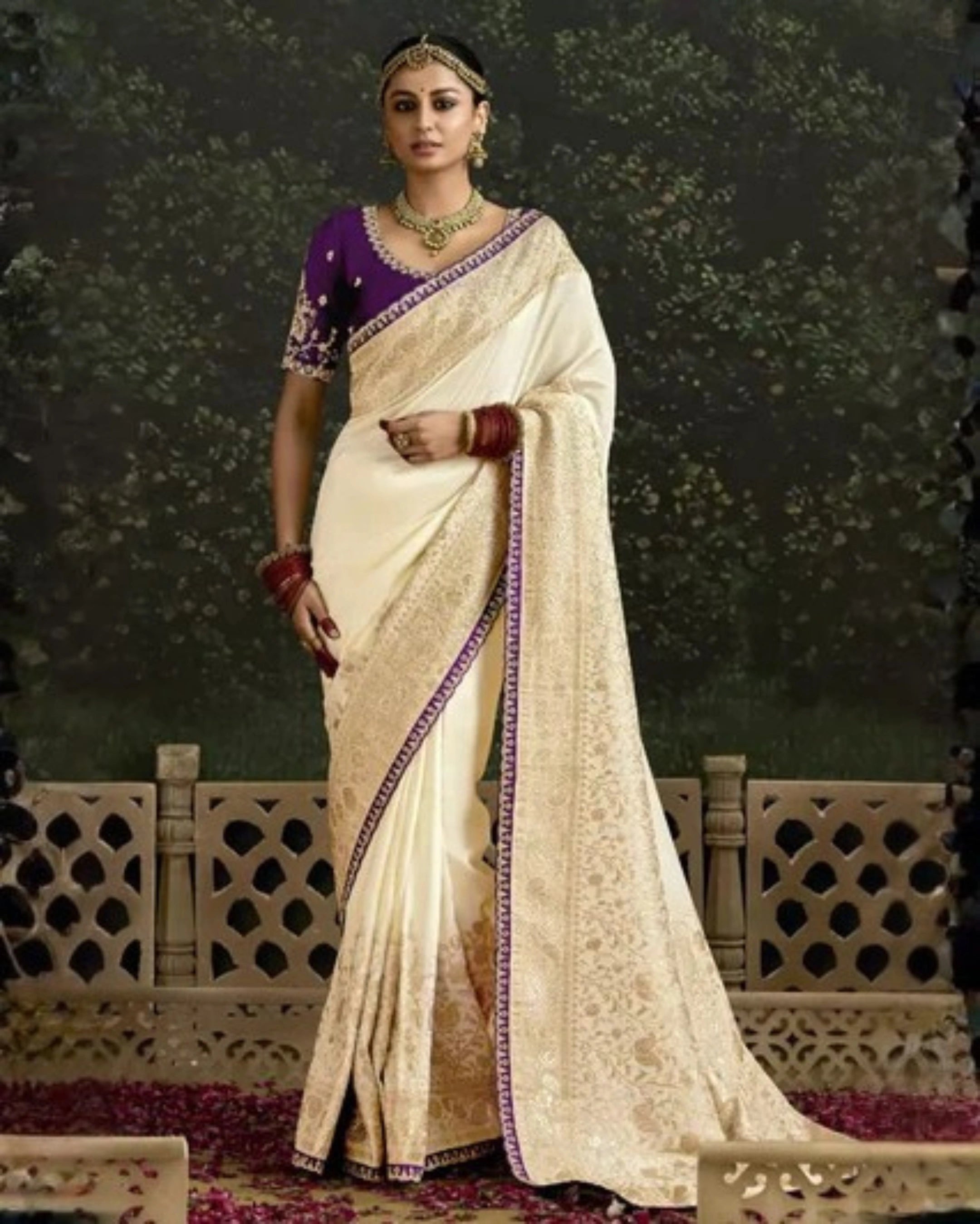 Beige Heavy Silk Saree with Gold Zari and Embroidery Work All-Over & Heavy Embroidery Purple Blouse