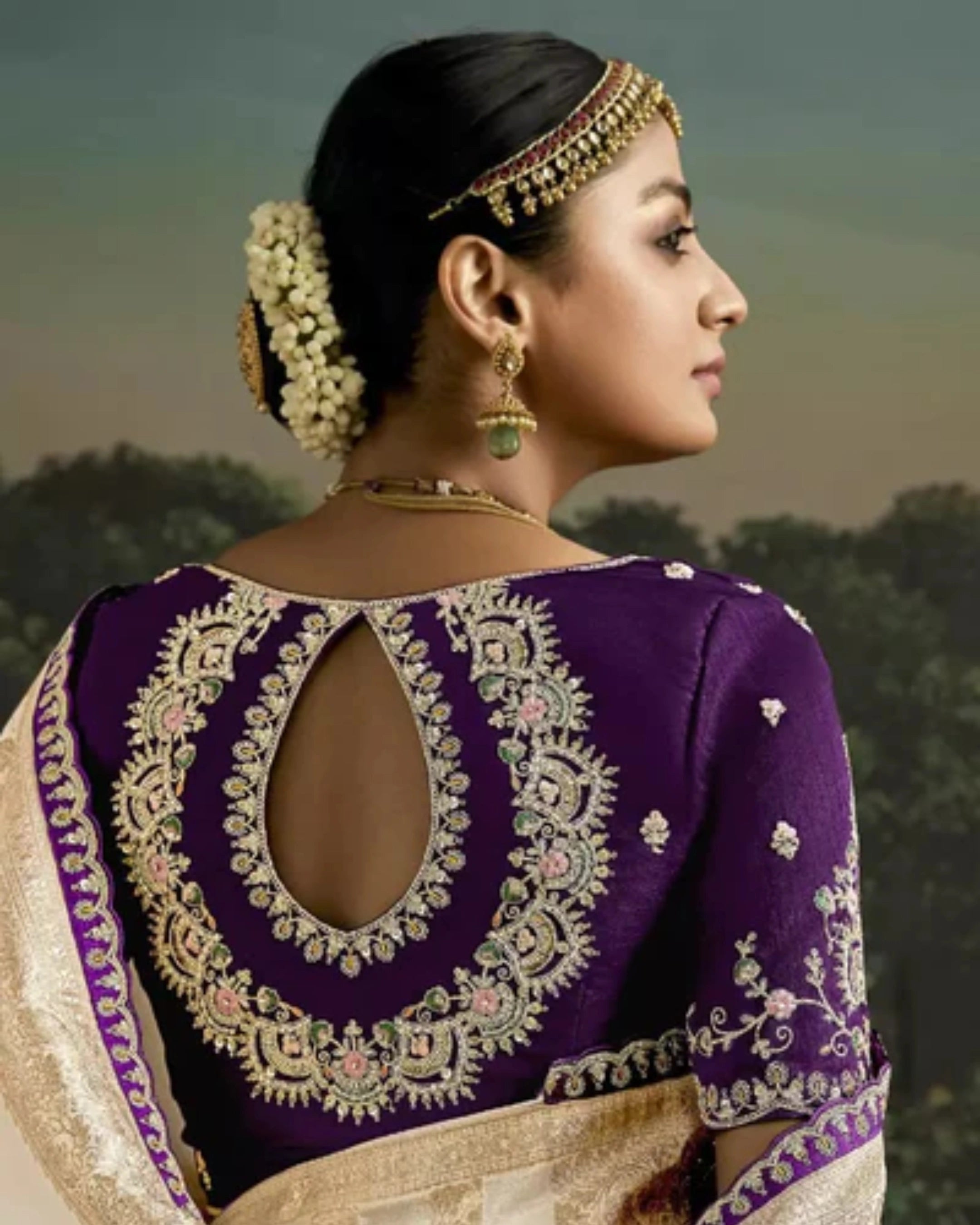 Beige Heavy Silk Saree with Gold Zari and Embroidery Work All-Over & Heavy Embroidery Purple Blouse