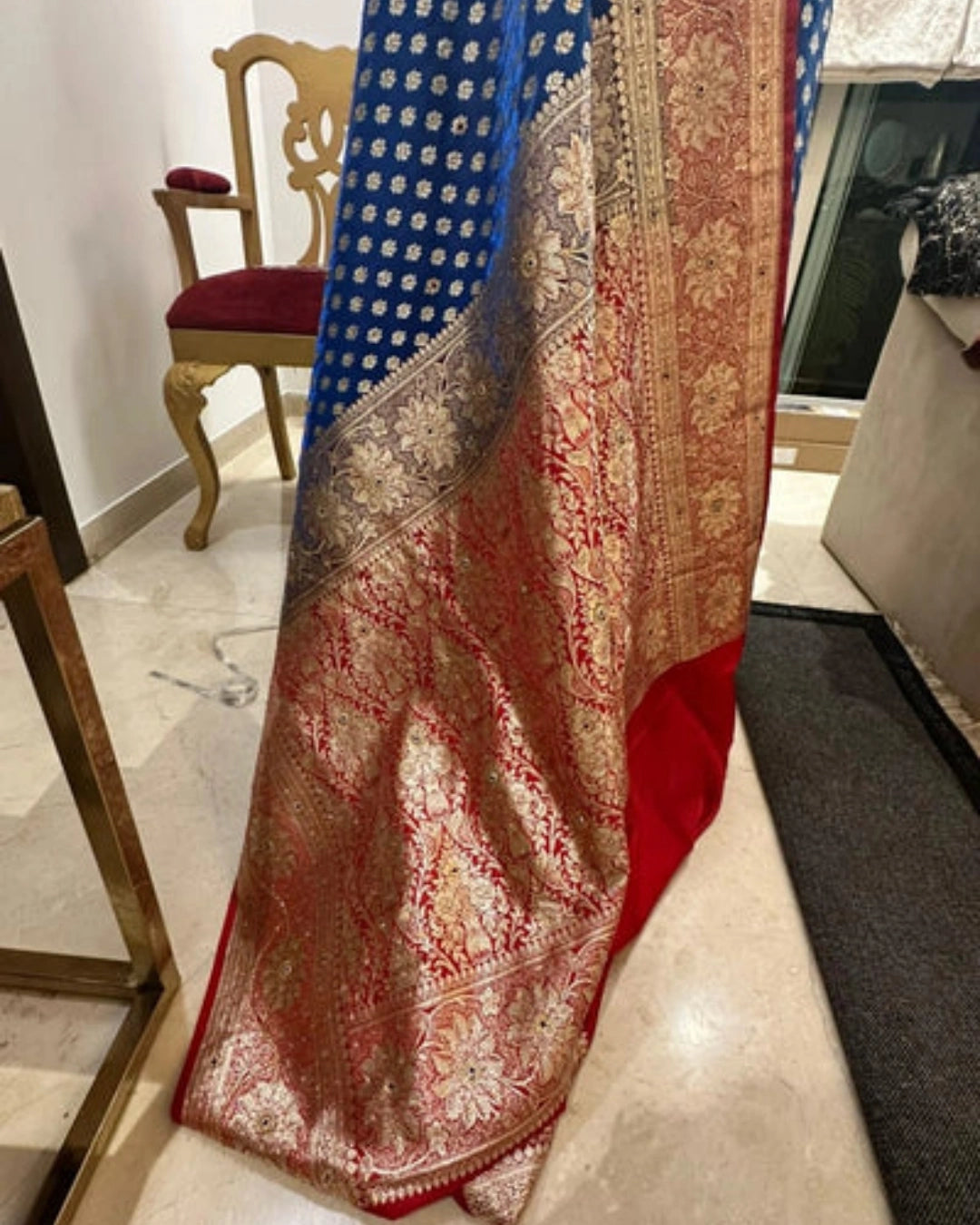 Royal Blue Pure Banarasi Silk Saree with Gold Zari Border and Red Zari-Detailed Sleeve Blouse