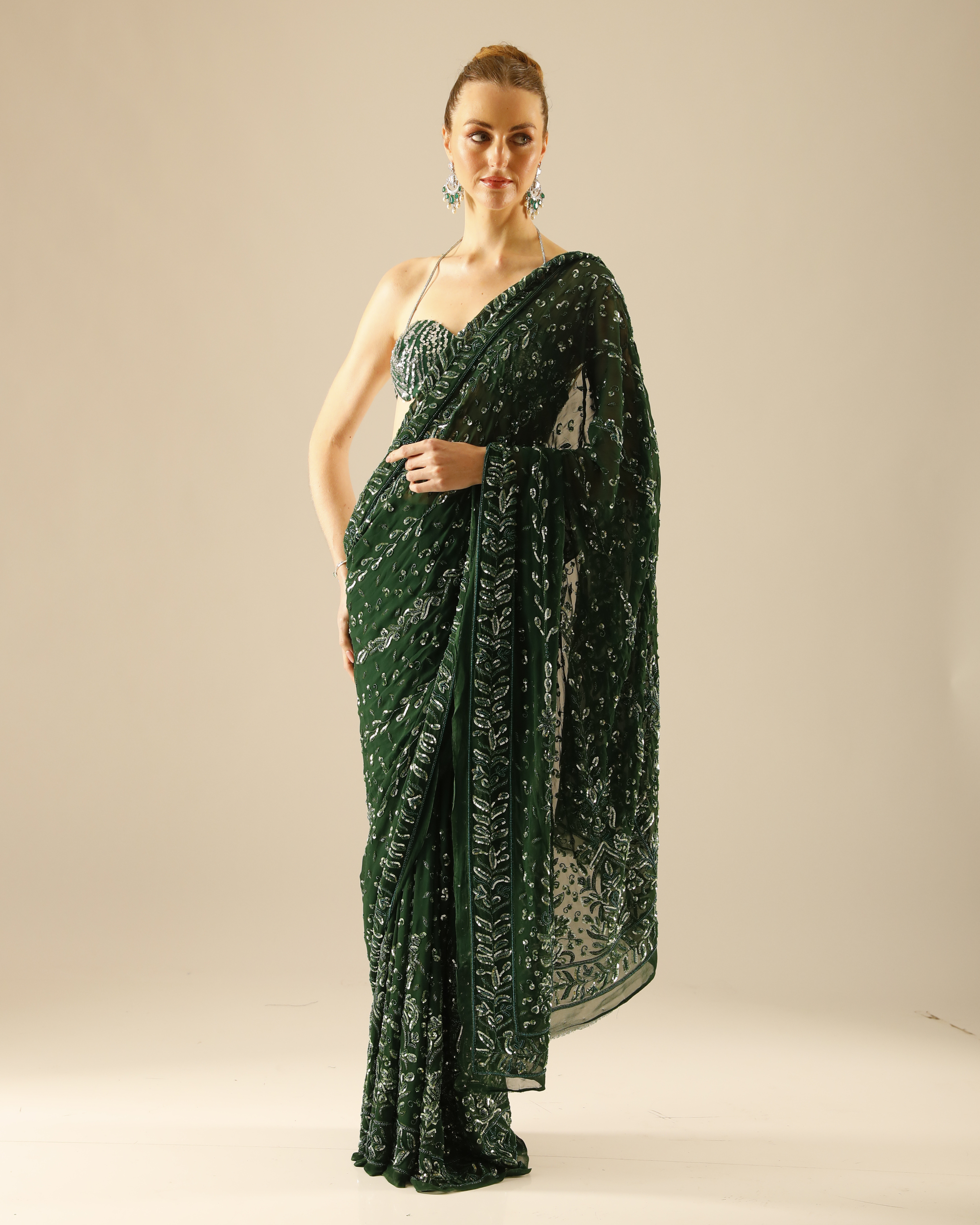 Emerald Green Hand-Embroidered Georgette Saree Set with Cut Dana and Sequin Work