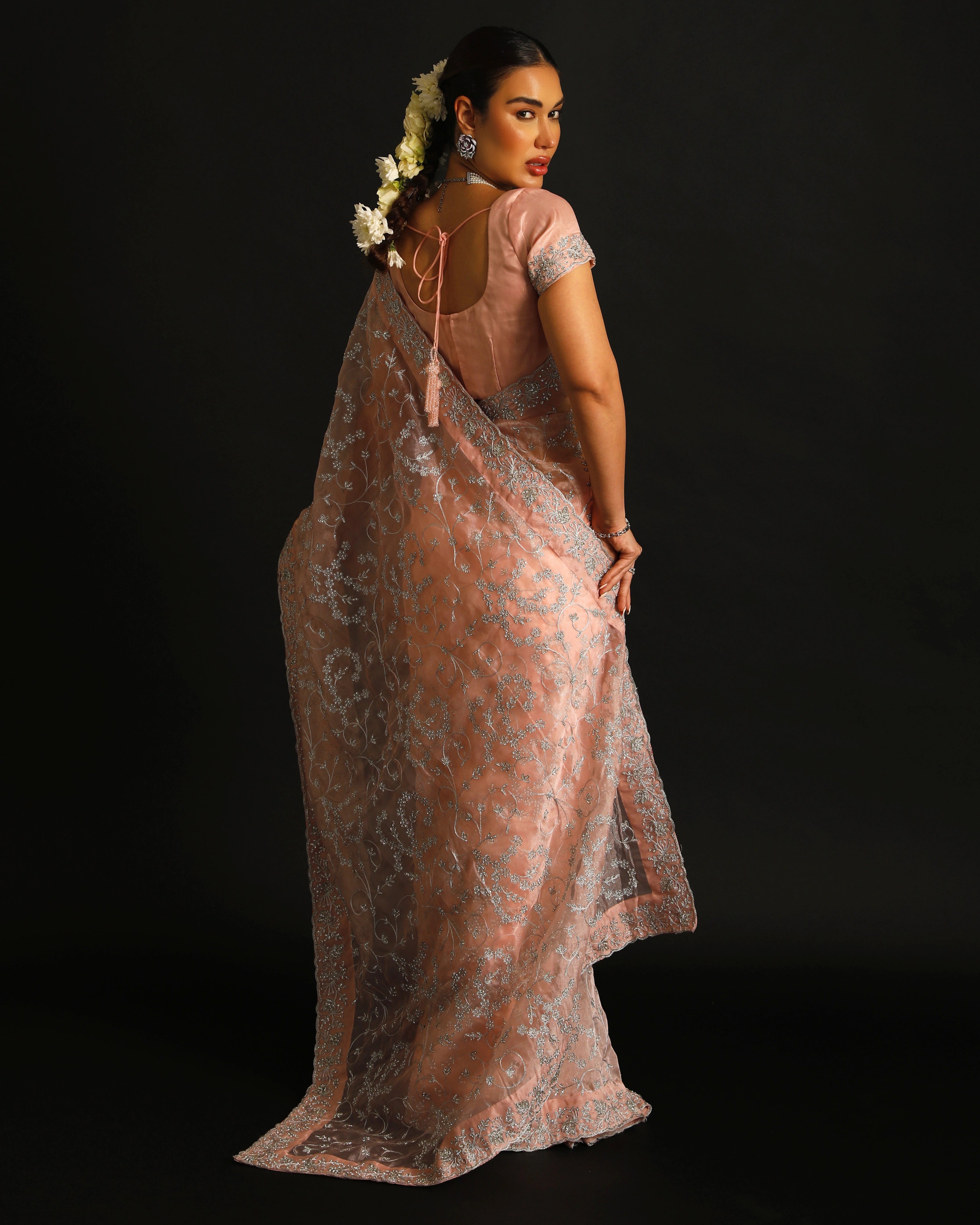 Blush Pink Organza Silk Saree with All-Over Hand Embroidered Silver Floral Jaal
