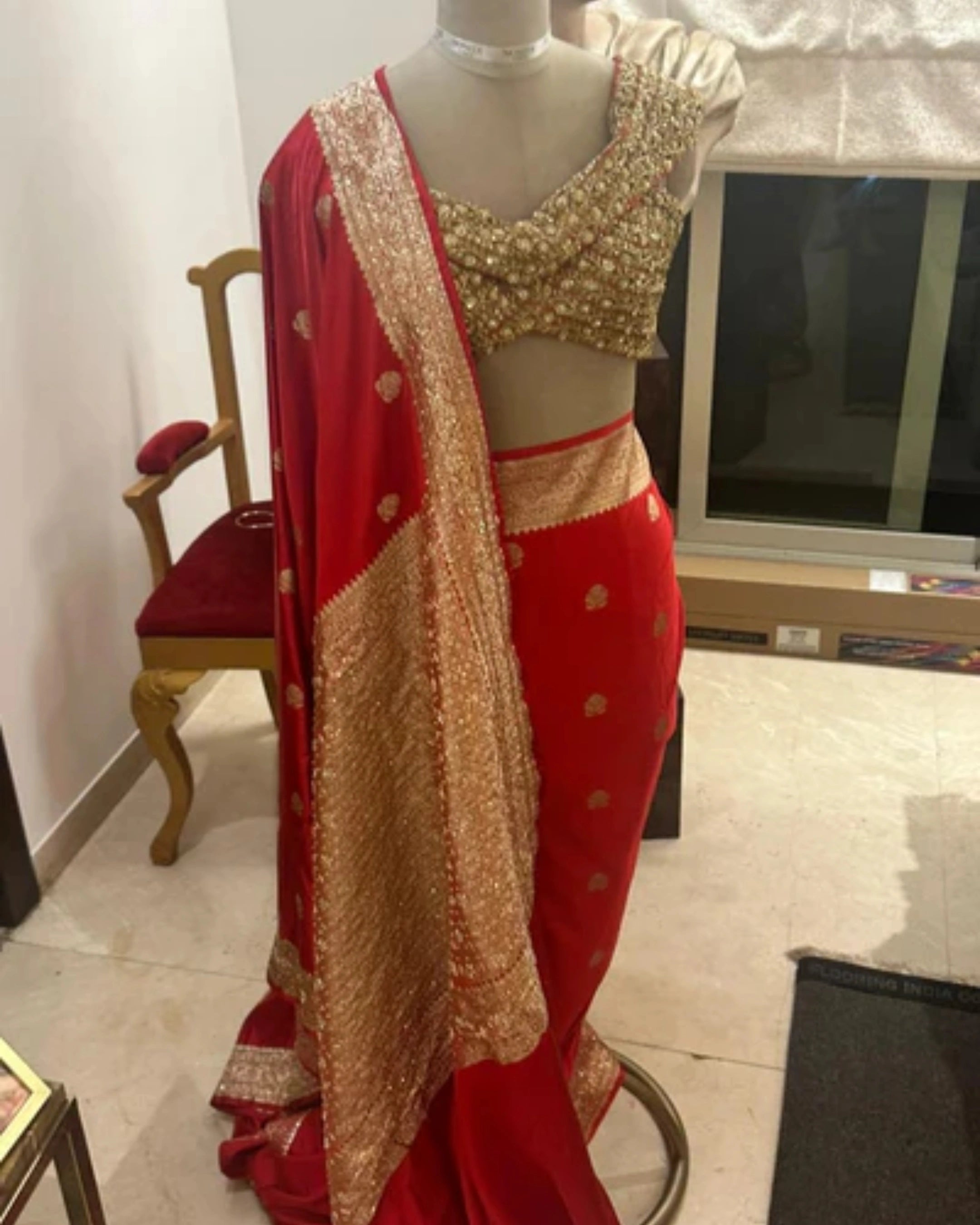 Red Pure Banarasi Silk Saree with All-Over Floral Design and Hand-Embroidered Mirror and Zardosi Blouse