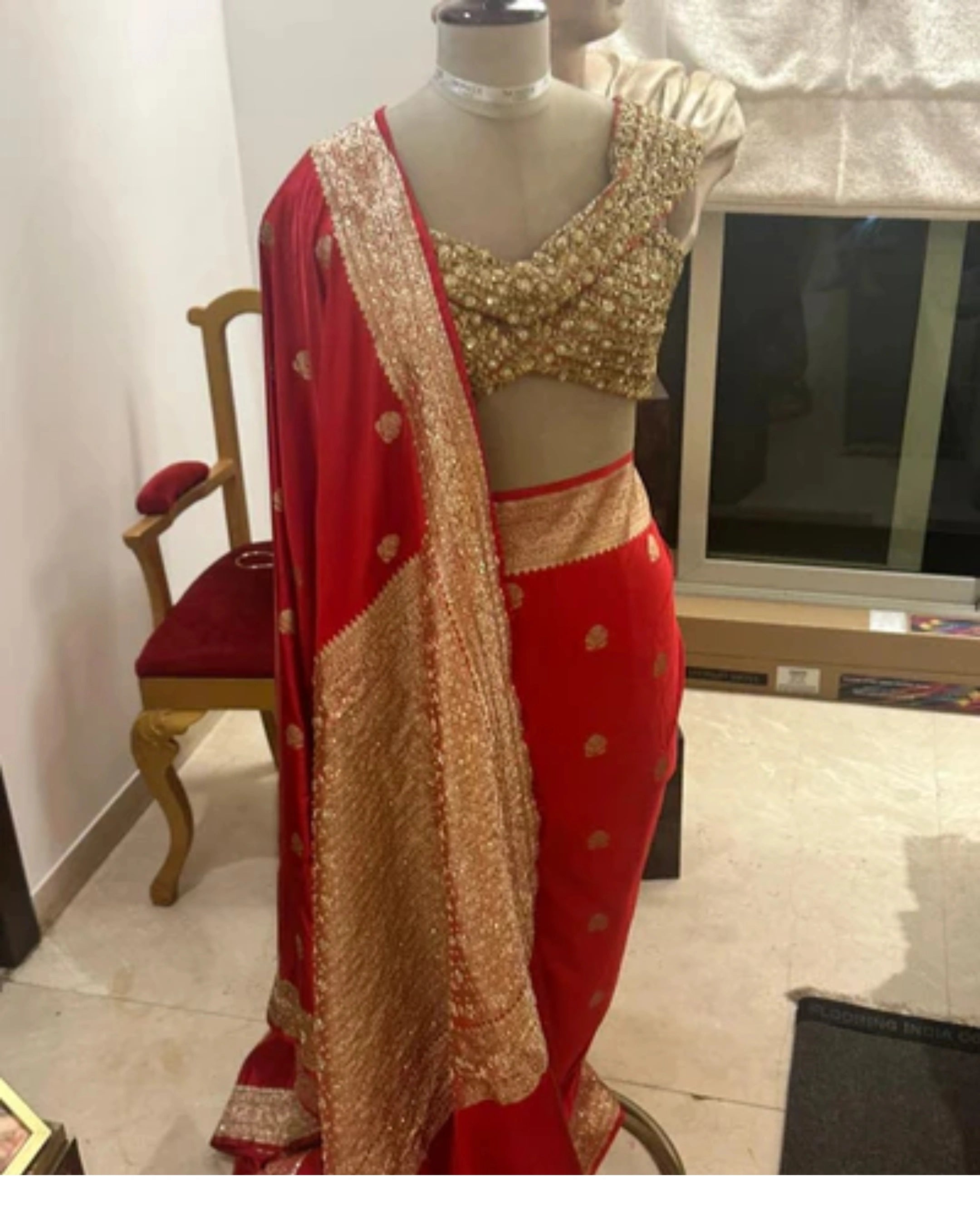 Red Pure Banarasi Silk Saree with All-Over Floral Design and Hand-Embroidered Mirror and Zardosi Blouse