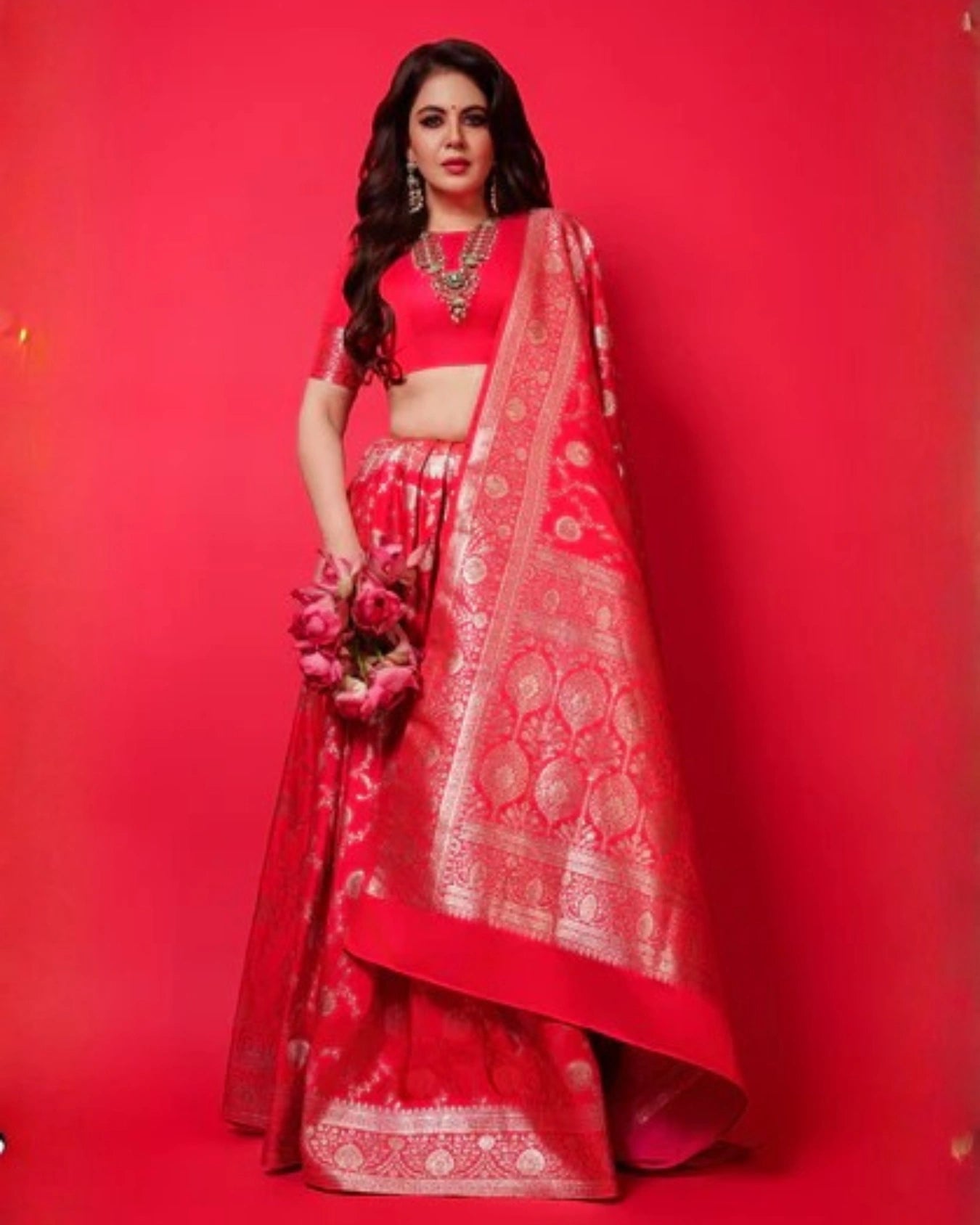Red Pure Banarasi Silk Saree with All-Over Intricate Hand Embroidery Silver Zari Work and Matching Blouse