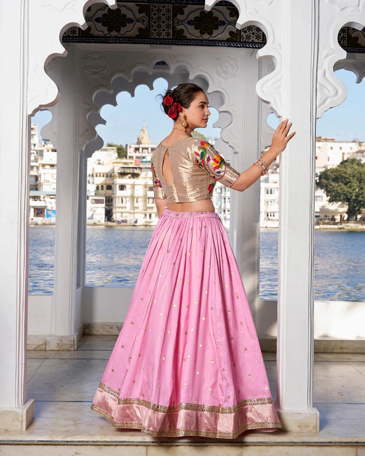 Pink Paithani Silk Lehenga with Purple Lotus Design Dupatta