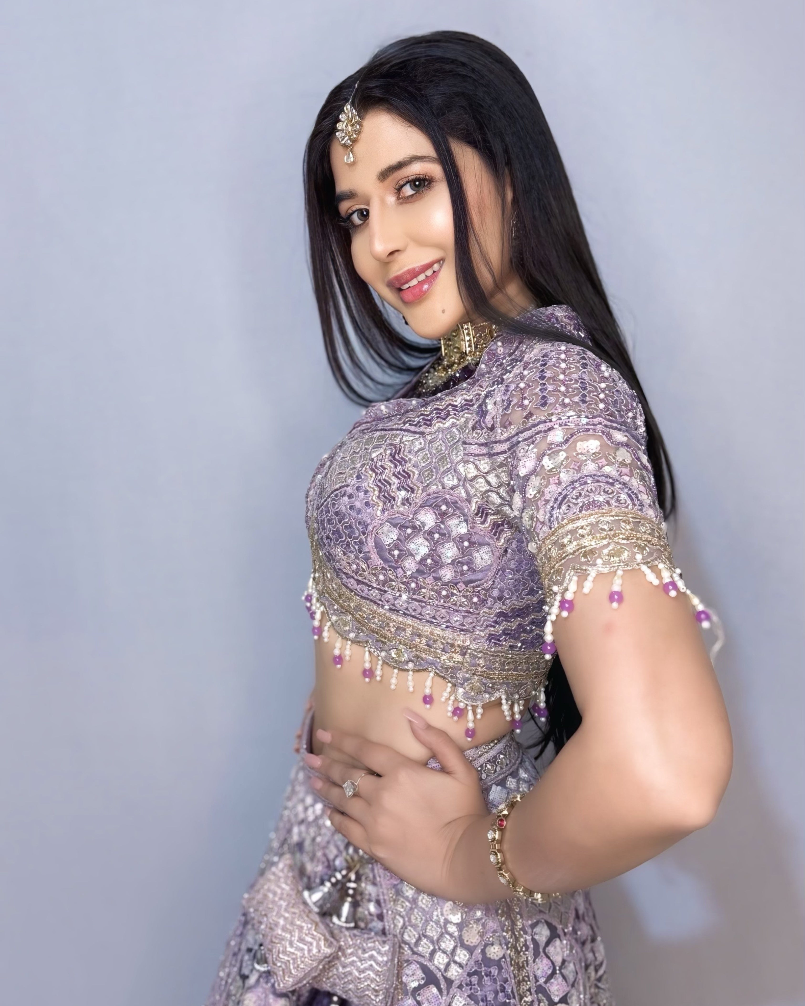 Lavender Silk Lehenga with Floral Embroidery Mirror Stonework and Gold Zari Border Work