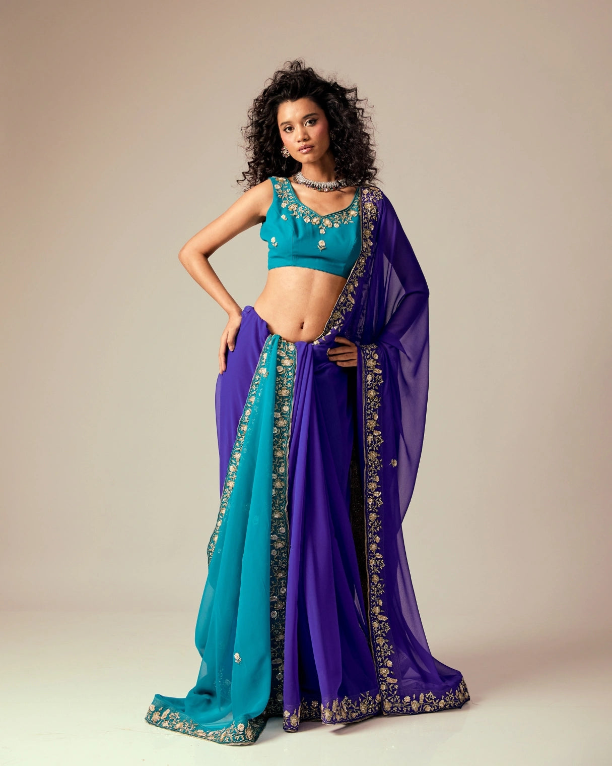 Dark Blue and Bule Dual Tone Hand Embroidered Georgette Saree with Blue Embroidery Blouse