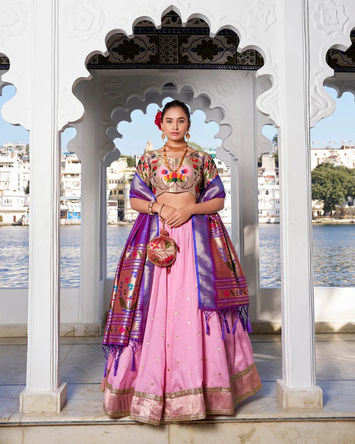 Pink Paithani Silk Lehenga with Purple Lotus Design Dupatta