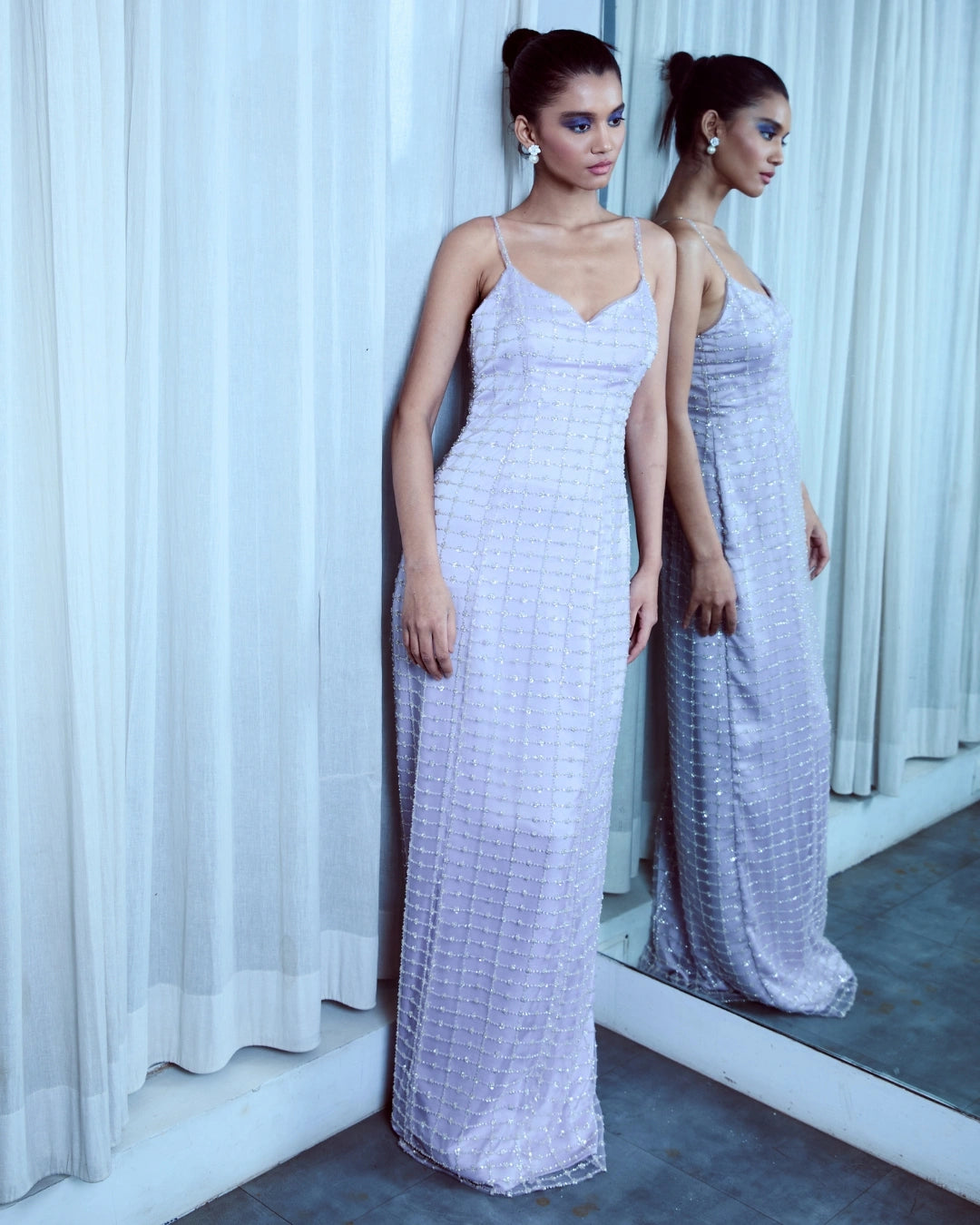 Lavender Silk Embellished Bodycon Dress with Grid Pattern Design and Hand Beadwork