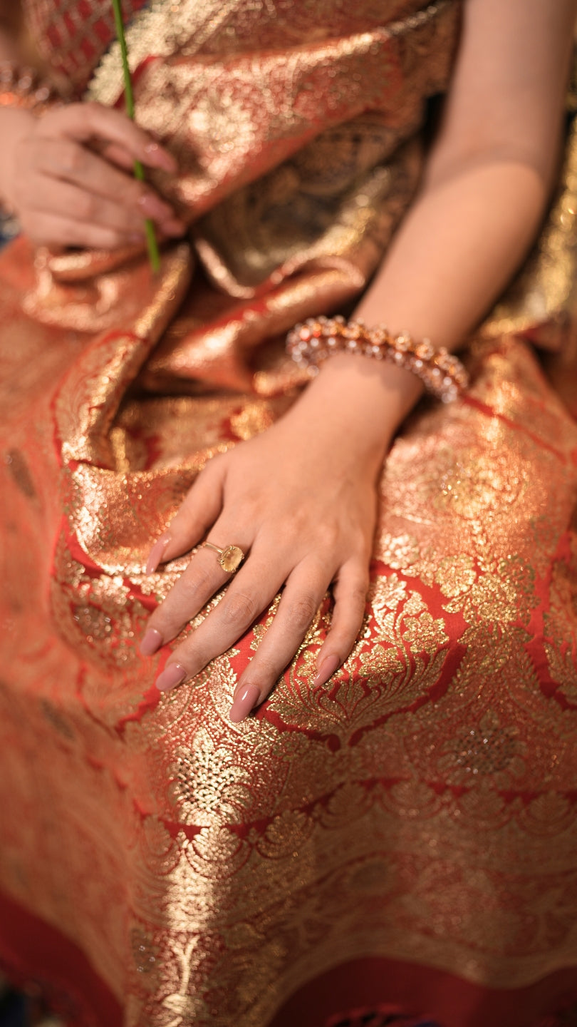 Red and Blue Dual Tone Pure Banarasi Saree with All-Over Floral and Hand Embroidery Border.