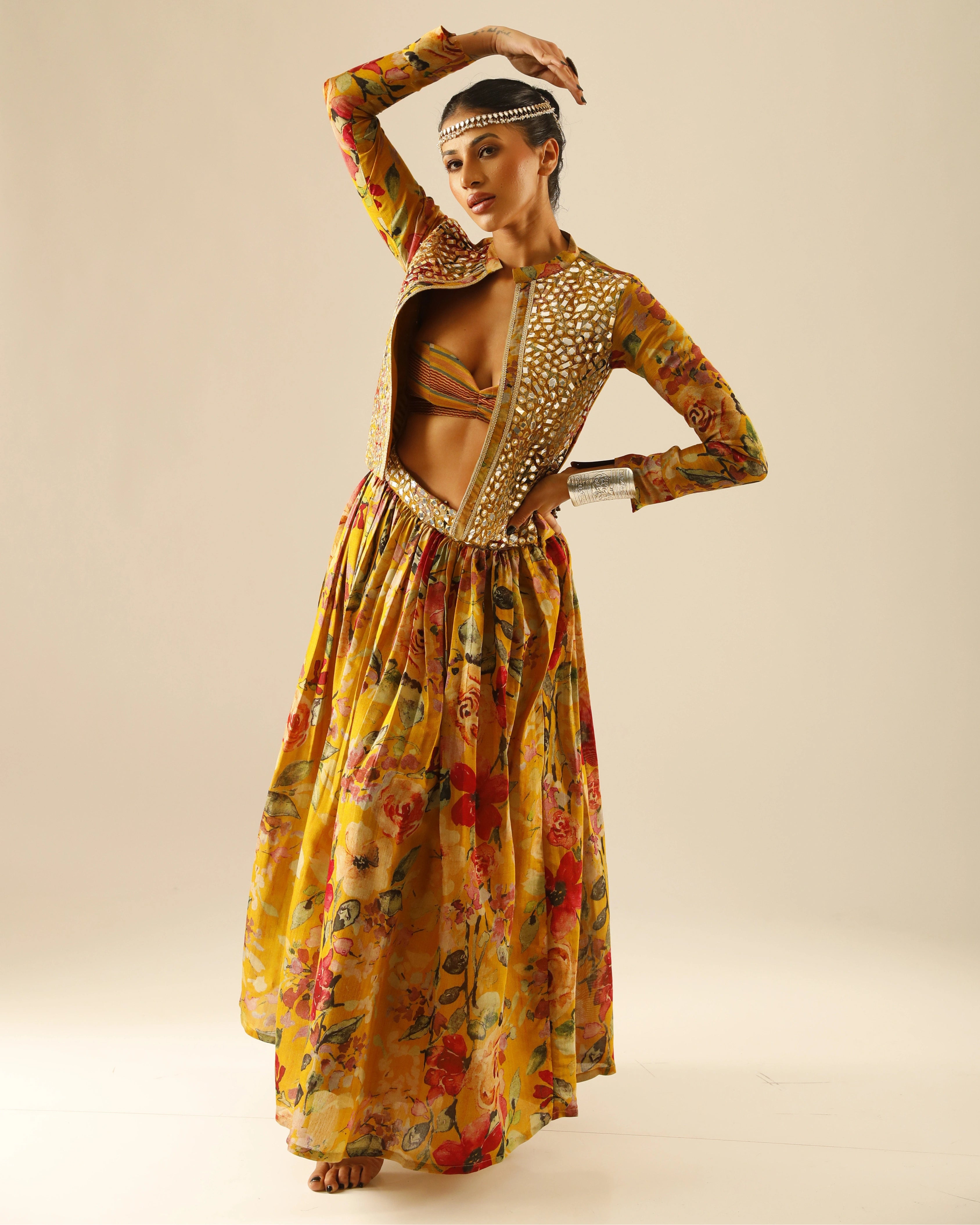 Yellow Silk Floral Skirt and Jacket Set with All Over Mirror Work