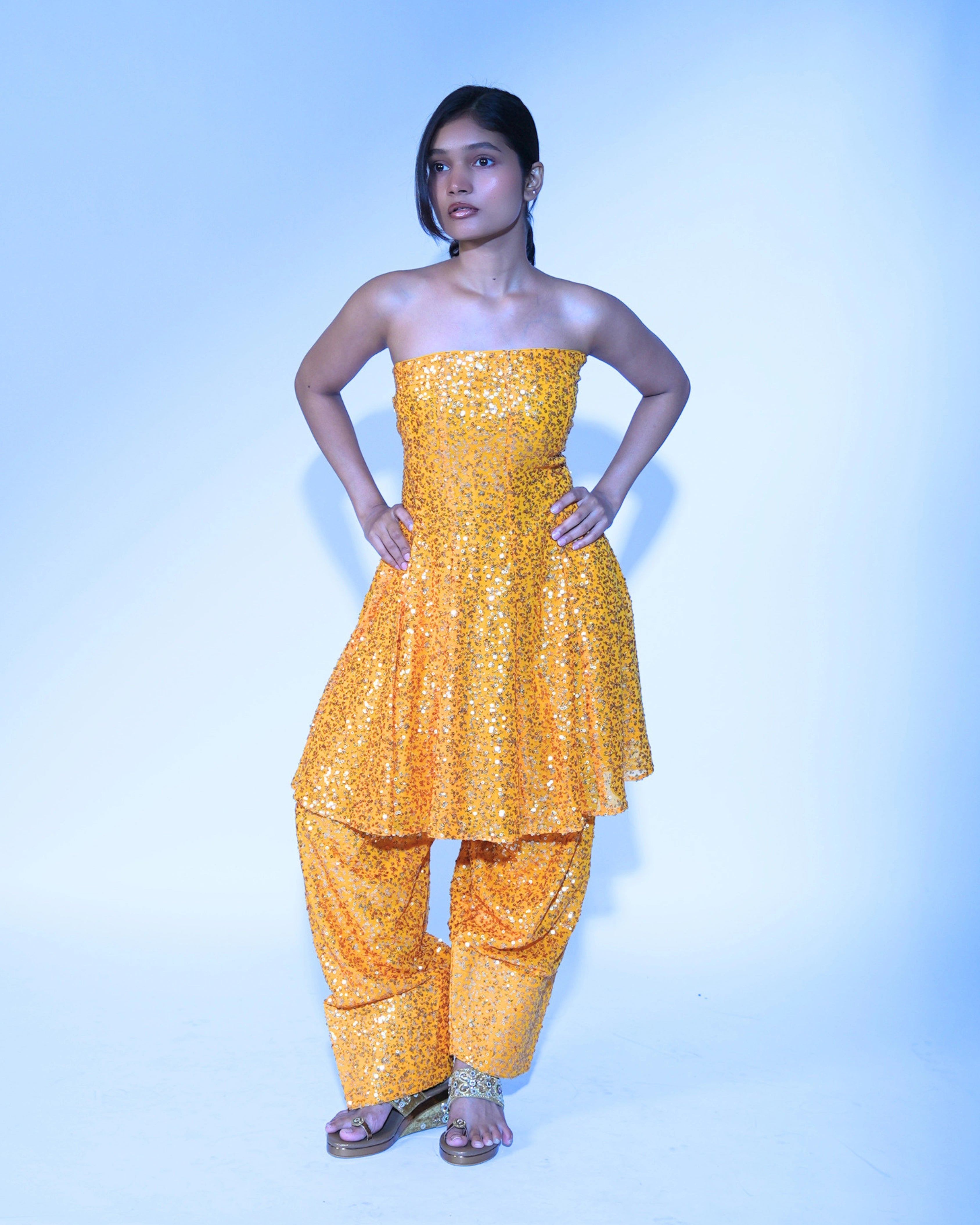 Yellow Georgette Salwar Suit with All Over Sequin