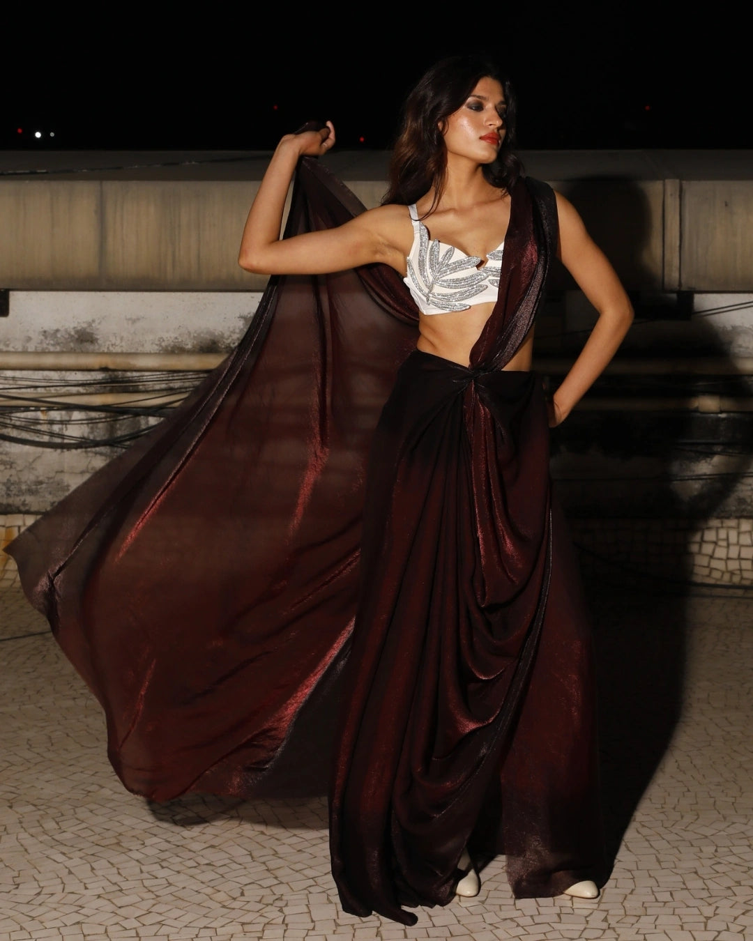 Maroon Georgette Saree with White Sculpted Embellished Blouse