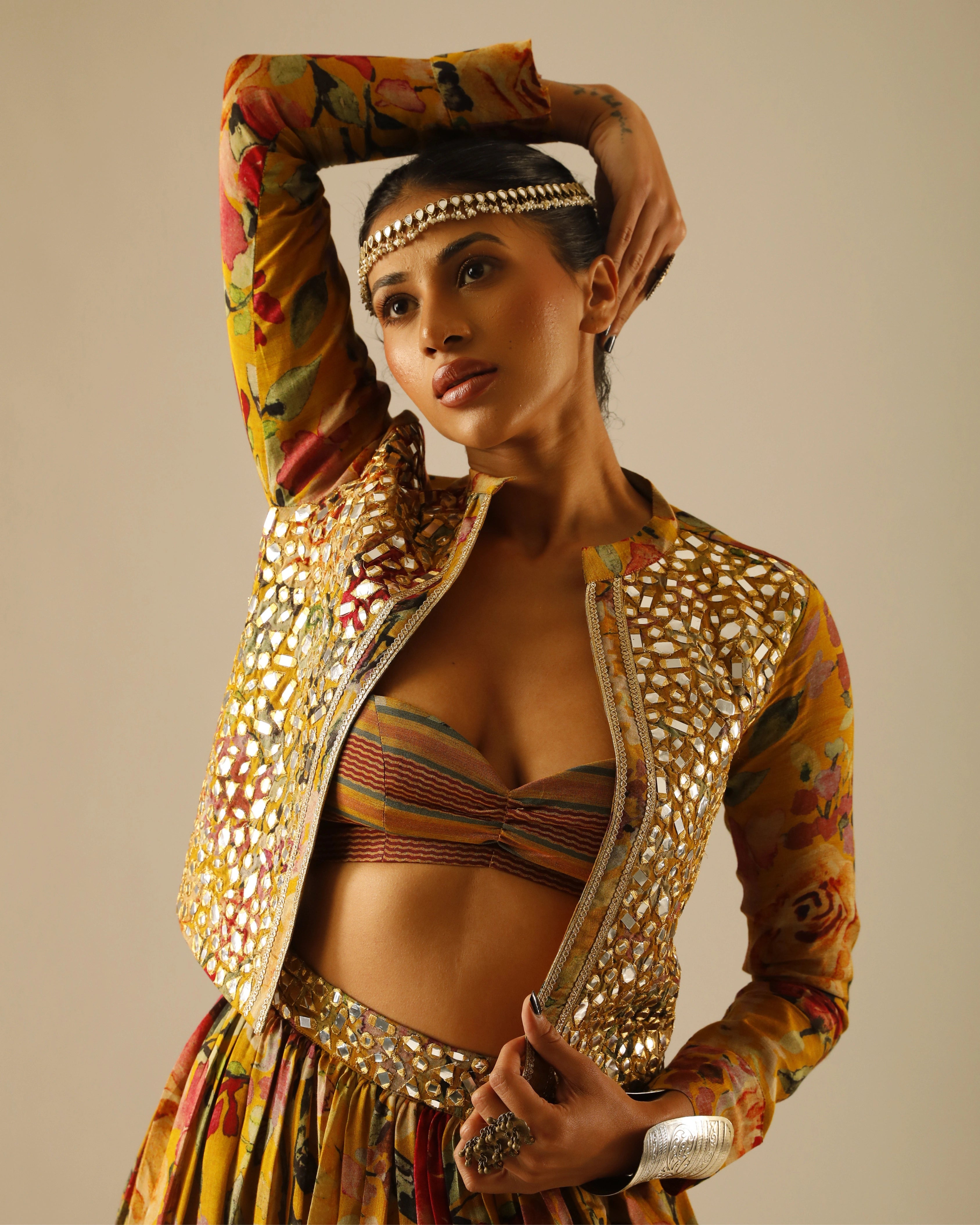 Yellow Silk Floral Skirt and Jacket Set with All Over Mirror Work