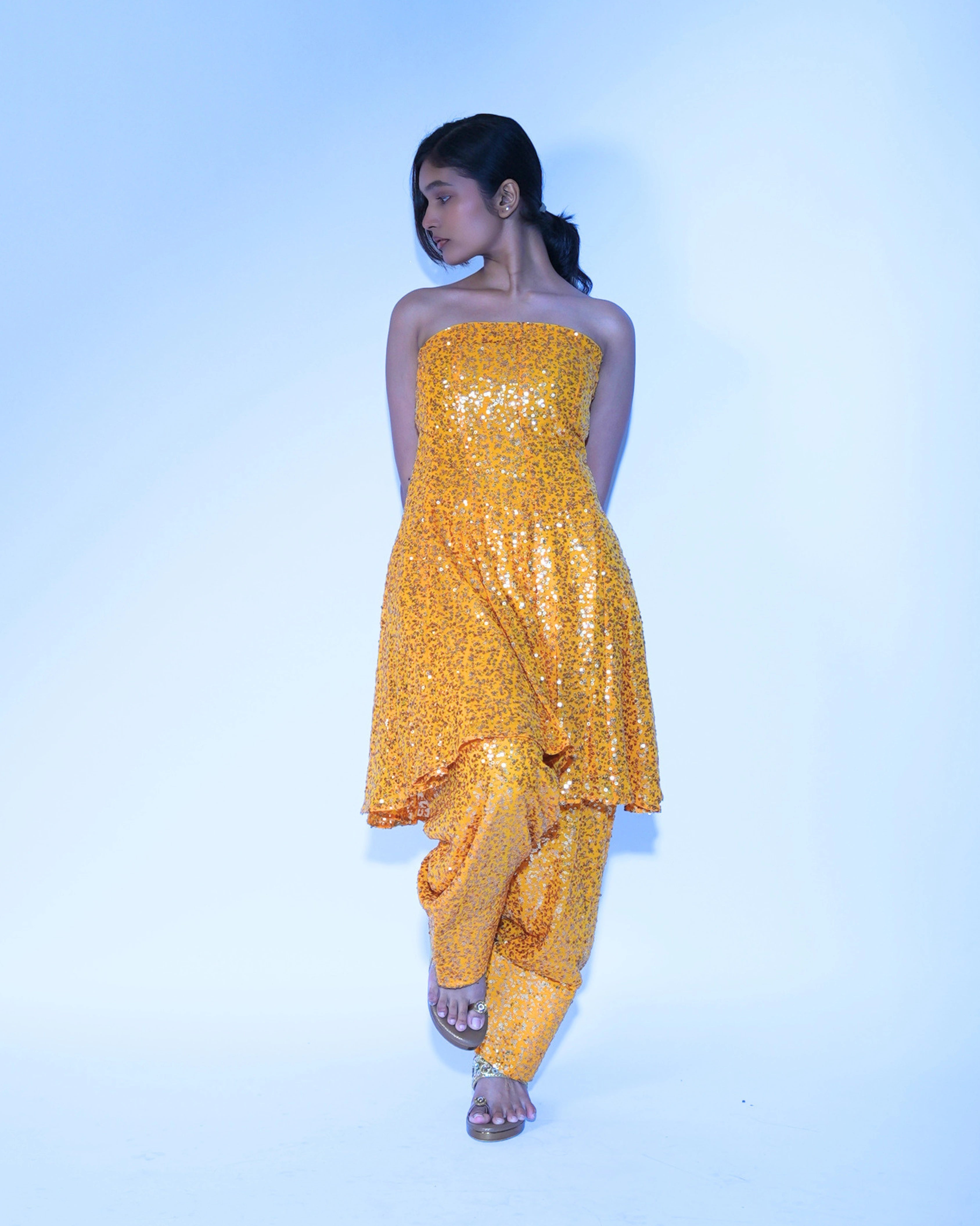 Yellow Georgette Salwar Suit with All Over Sequin