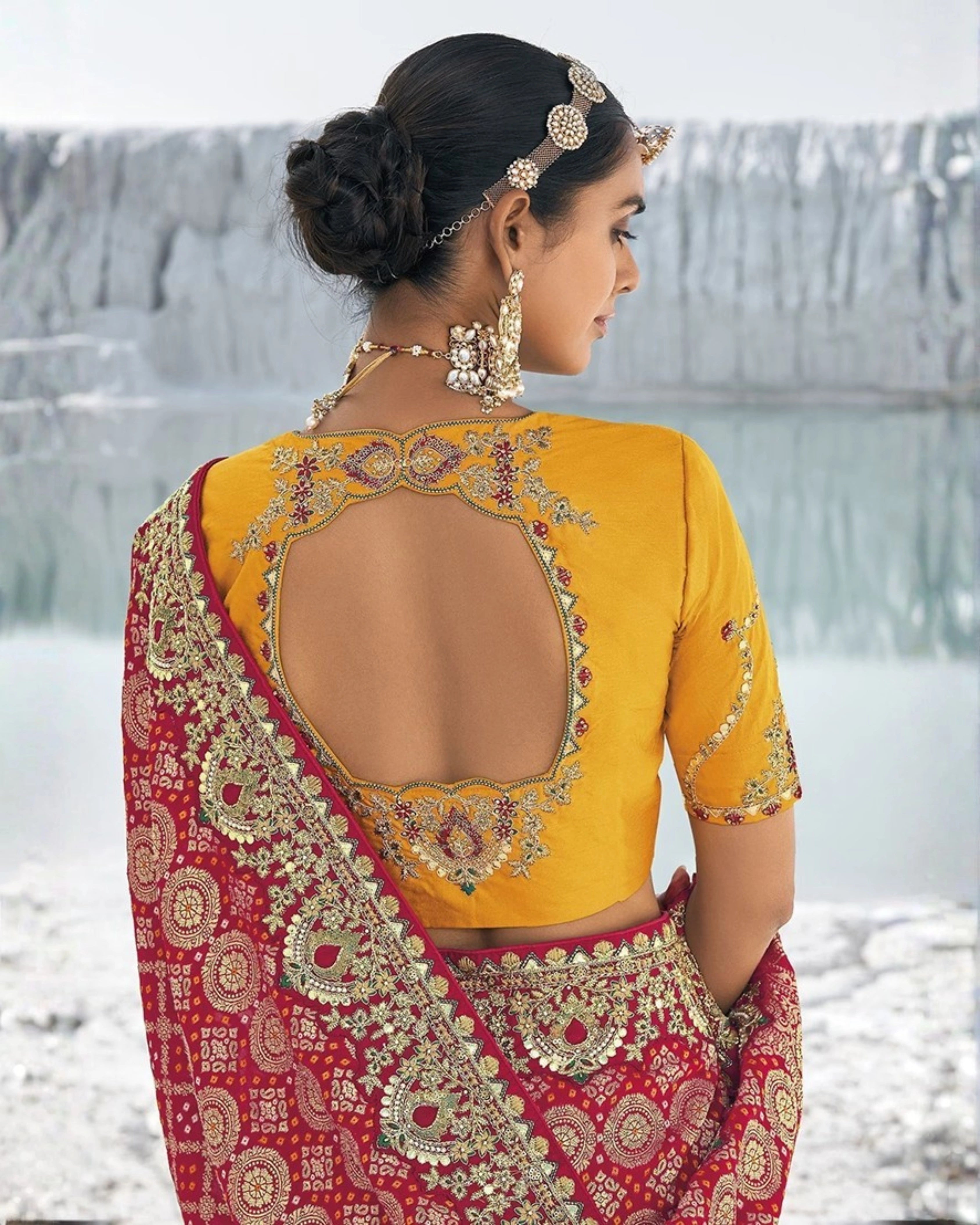 Red Bandhani Georgette Saree with Intricate Zari Embroidery & Yellow Embroidered Blouse