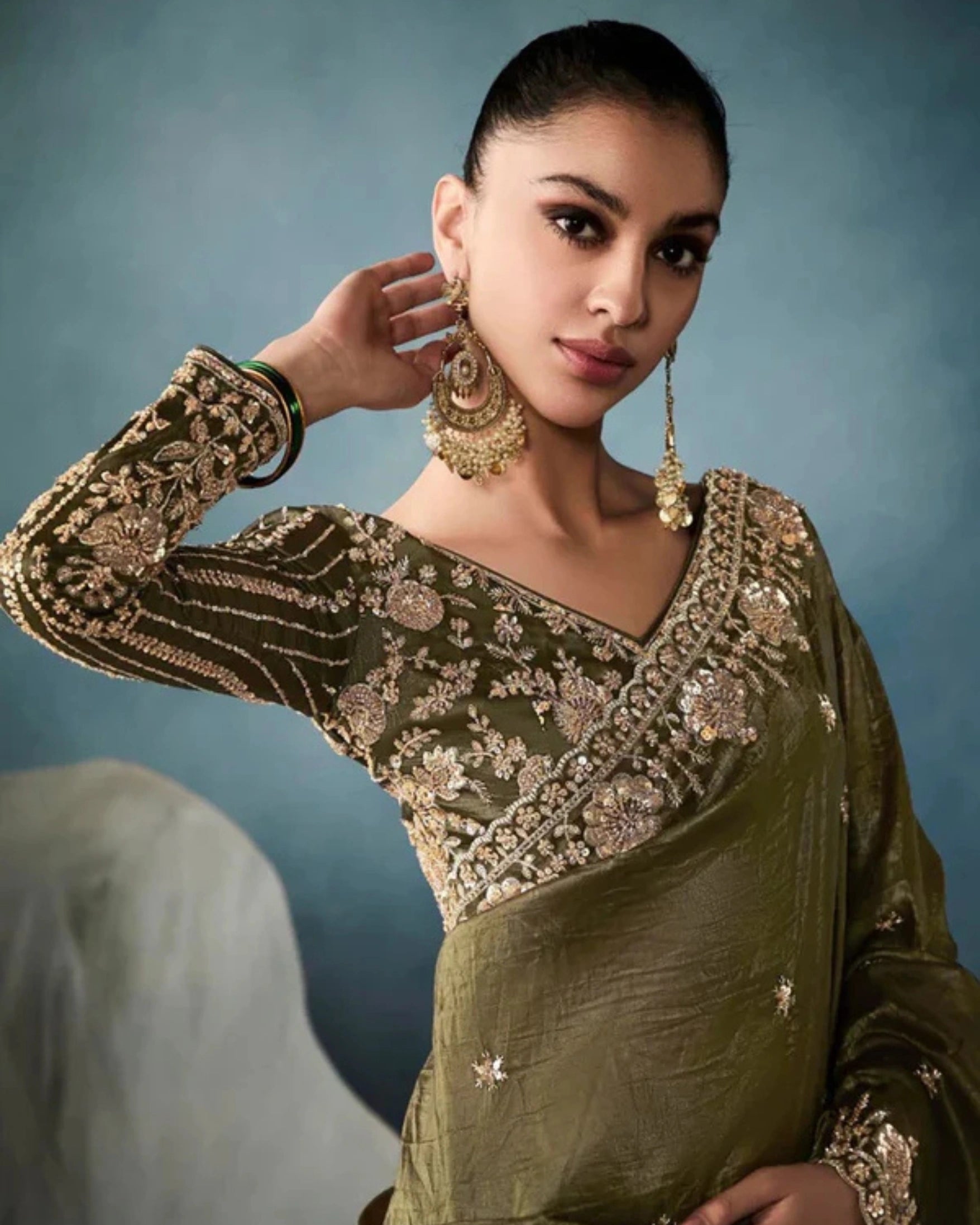 Olive Green Pure Tissue Silk Saree with Hand Floral Embroidery Border and Sequin Bead Work