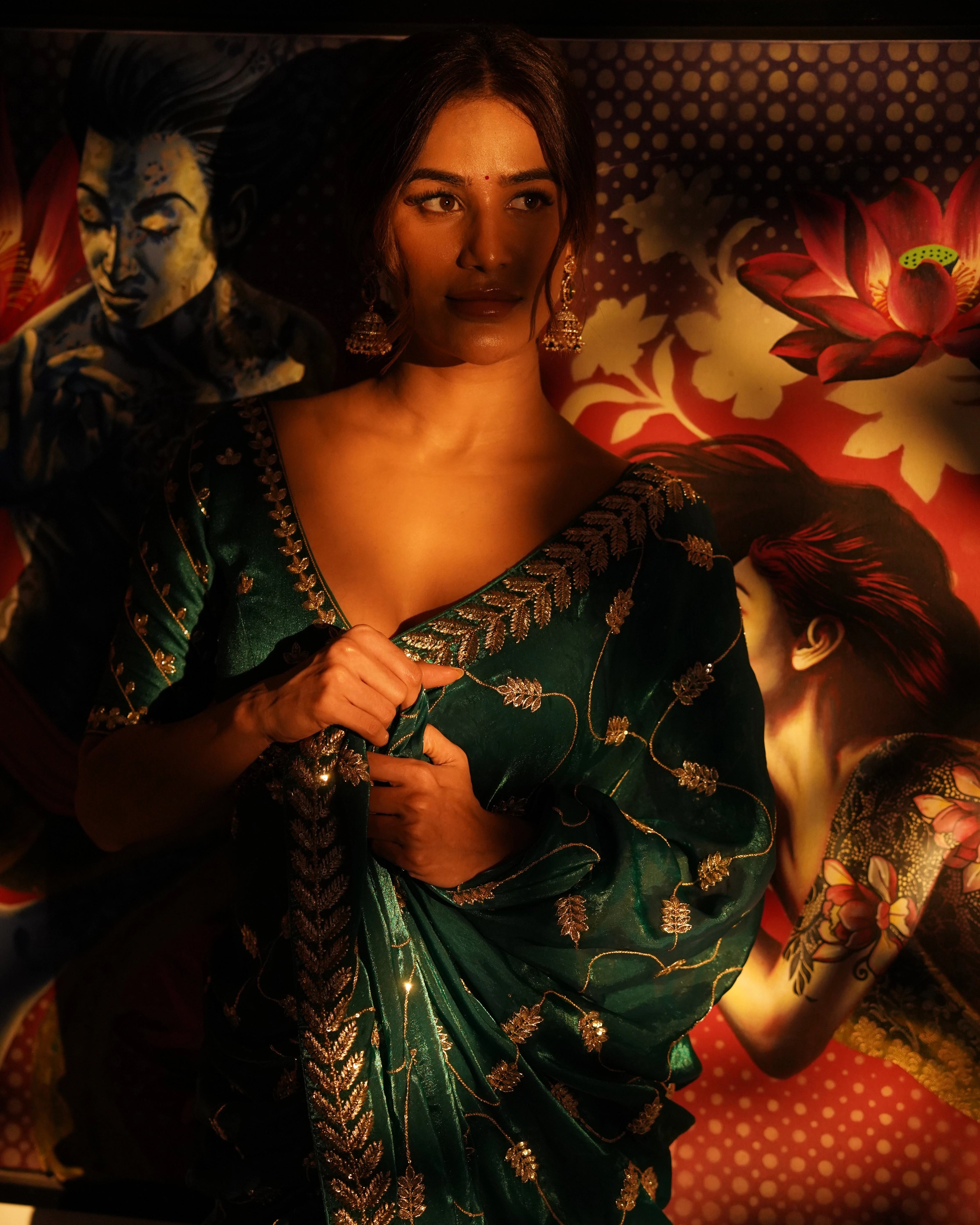Emerald Green and Gold Leaf Silk Saree with Sequin Thread Embroidery and Matching Embroidered Blouse