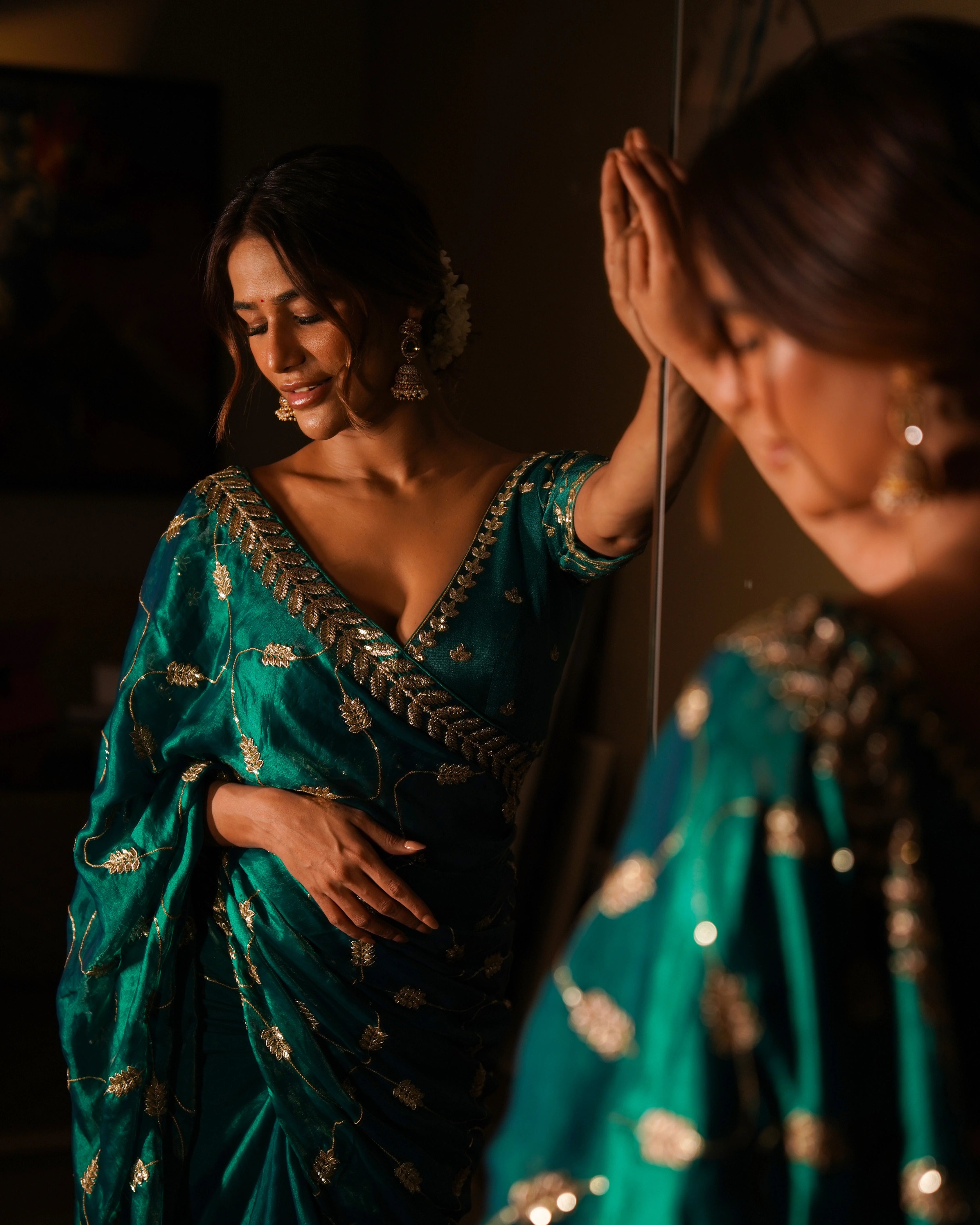 Emerald Green and Gold Leaf Silk Saree with Sequin Thread Embroidery and Matching Embroidered Blouse