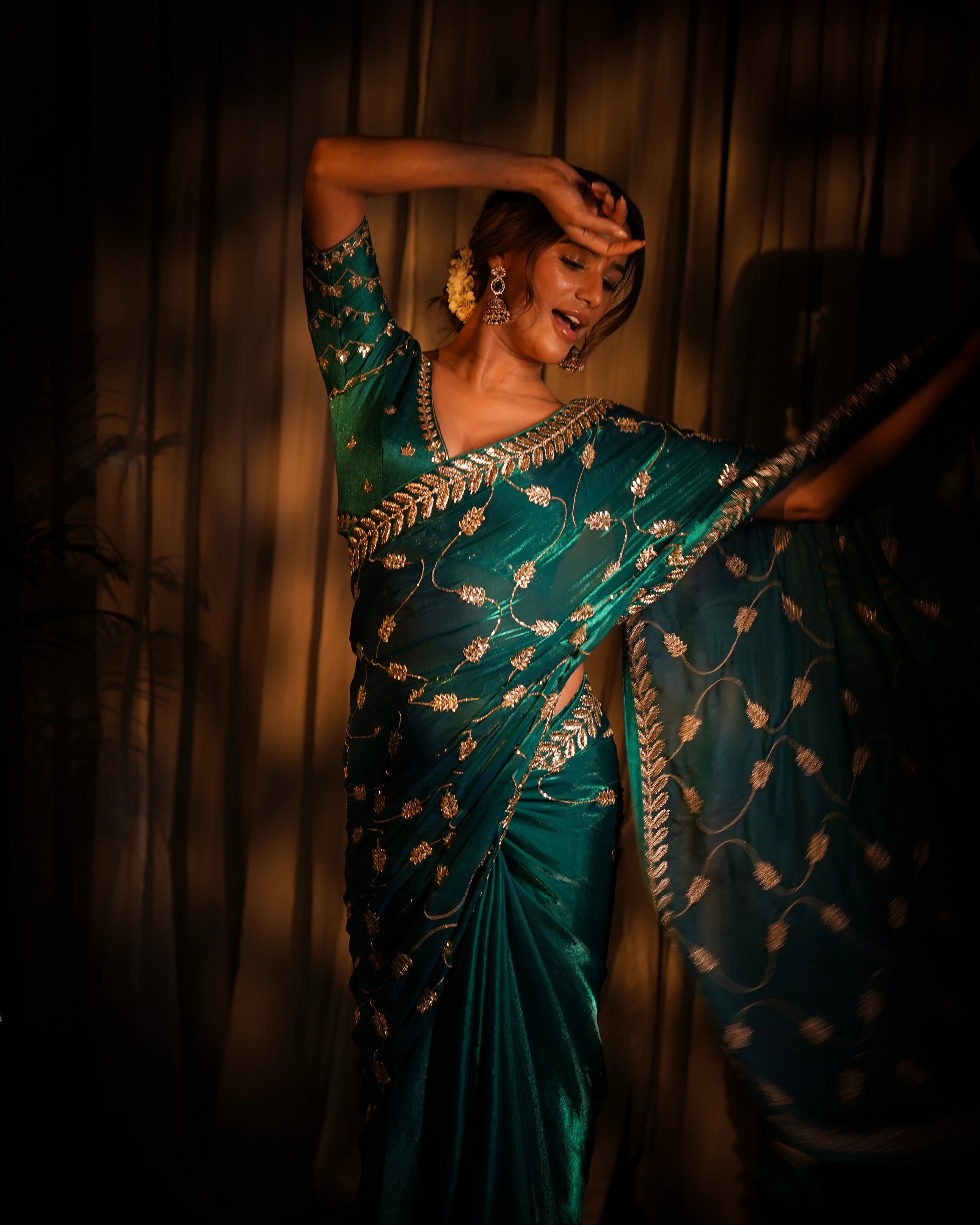 Emerald Green and Gold Leaf Silk Saree with Sequin Thread Embroidery and Matching Embroidered Blouse
