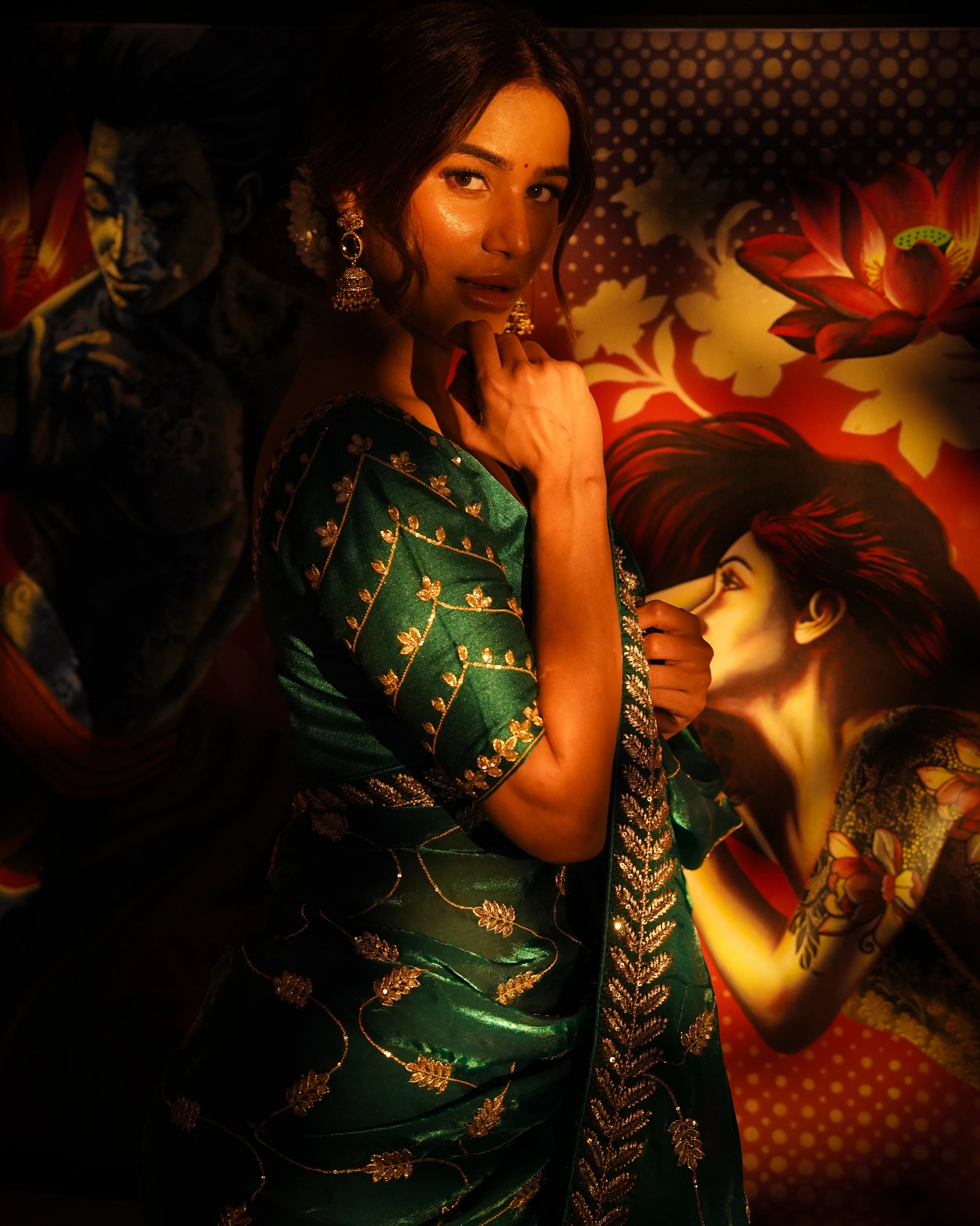 Emerald Green and Gold Leaf Silk Saree with Sequin Thread Embroidery and Matching Embroidered Blouse