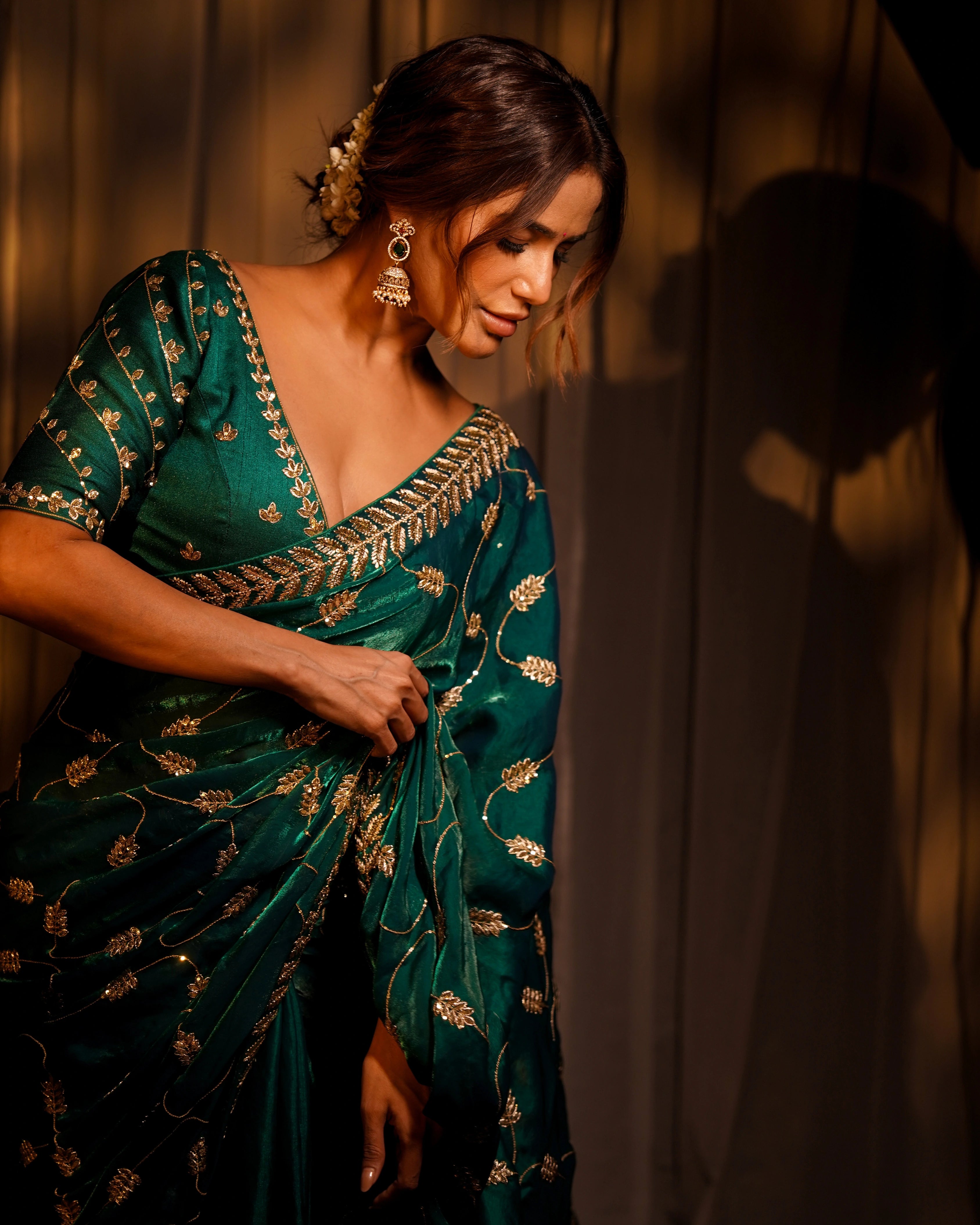Emerald Green and Gold Leaf Silk Saree with Sequin Thread Embroidery and Matching Embroidered Blouse