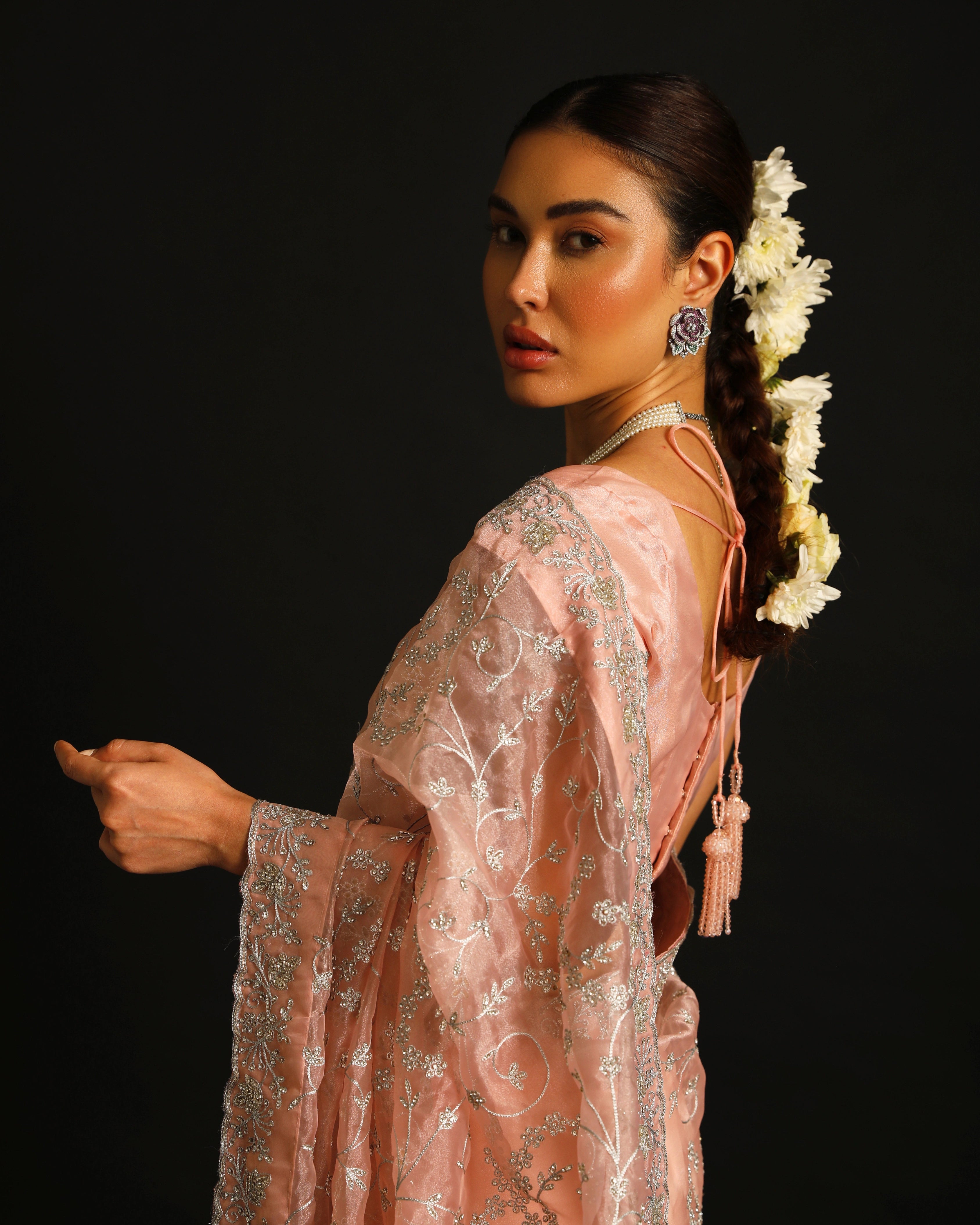 Blush Pink Organza Silk Saree with All-Over Hand Embroidered Silver Floral Jaal