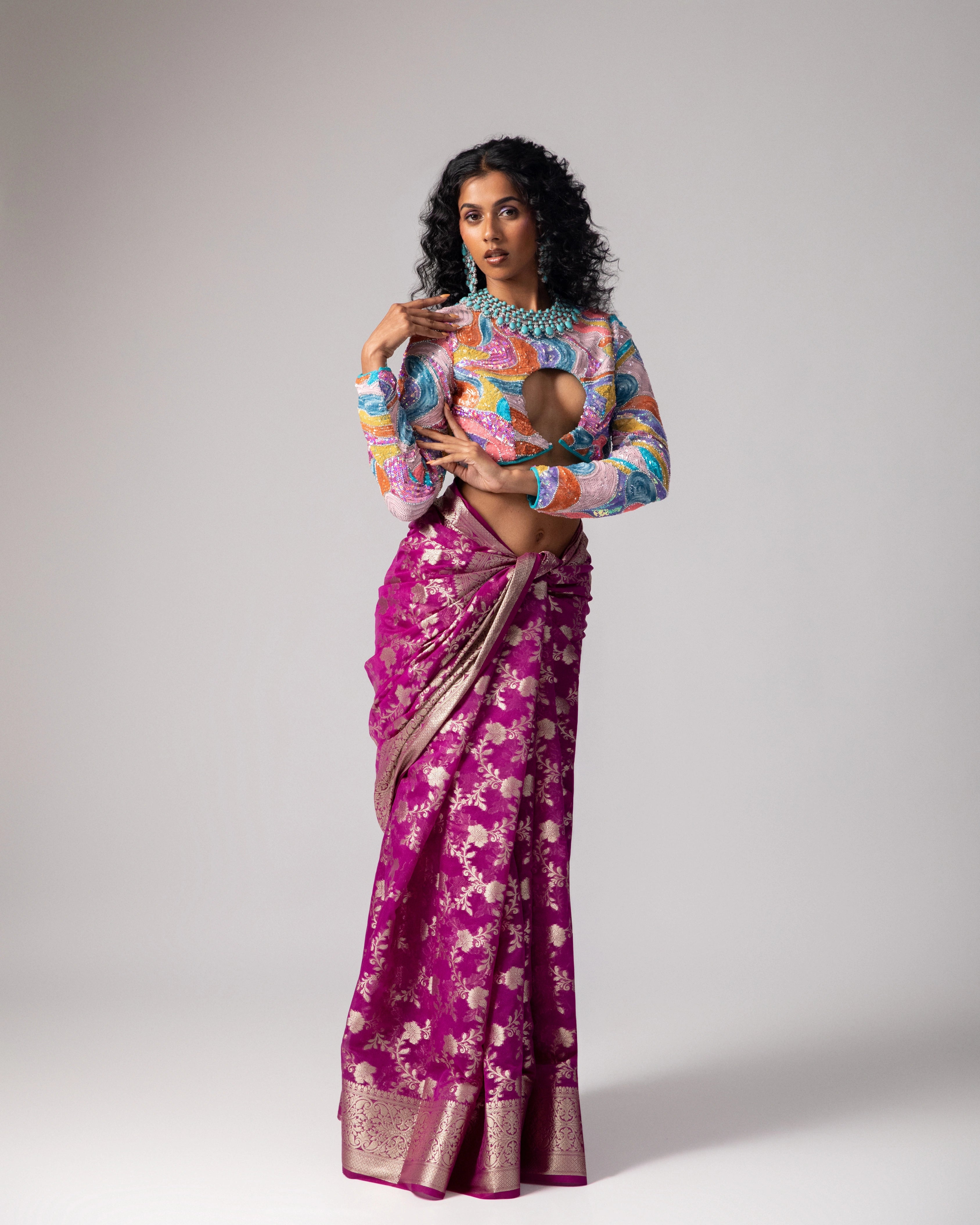 Pink Banarasi Saree with Gold Floral Design and Multicolor Full Sleeve Cut-Out Blouse
