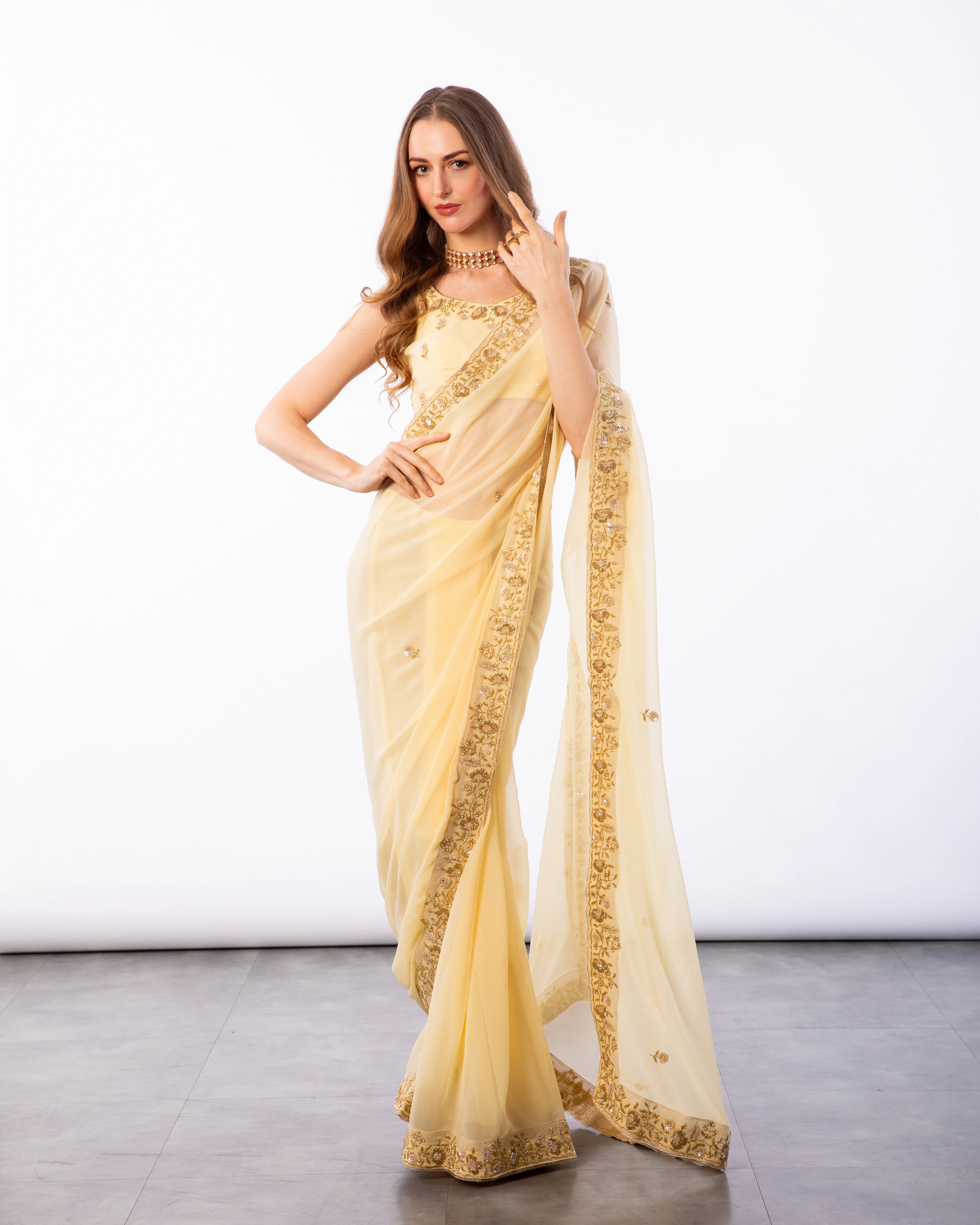 Yellow Hand Embroidered Georgette Saree and Matching Floral Embroidered Blouse