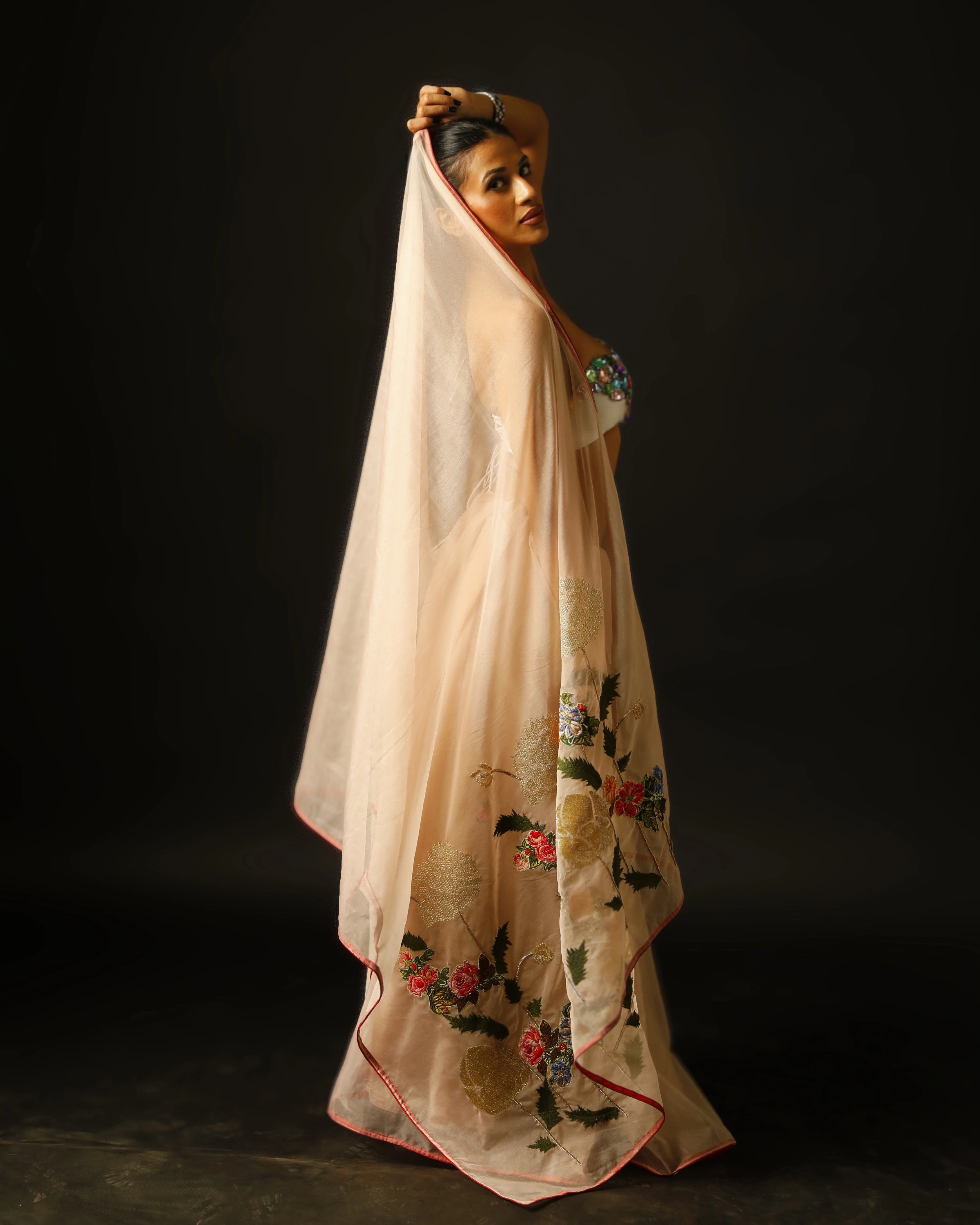 Peach Pink Saree with Multicolor Floral Hand Embroidery and Big Gem Stone Work Blouse