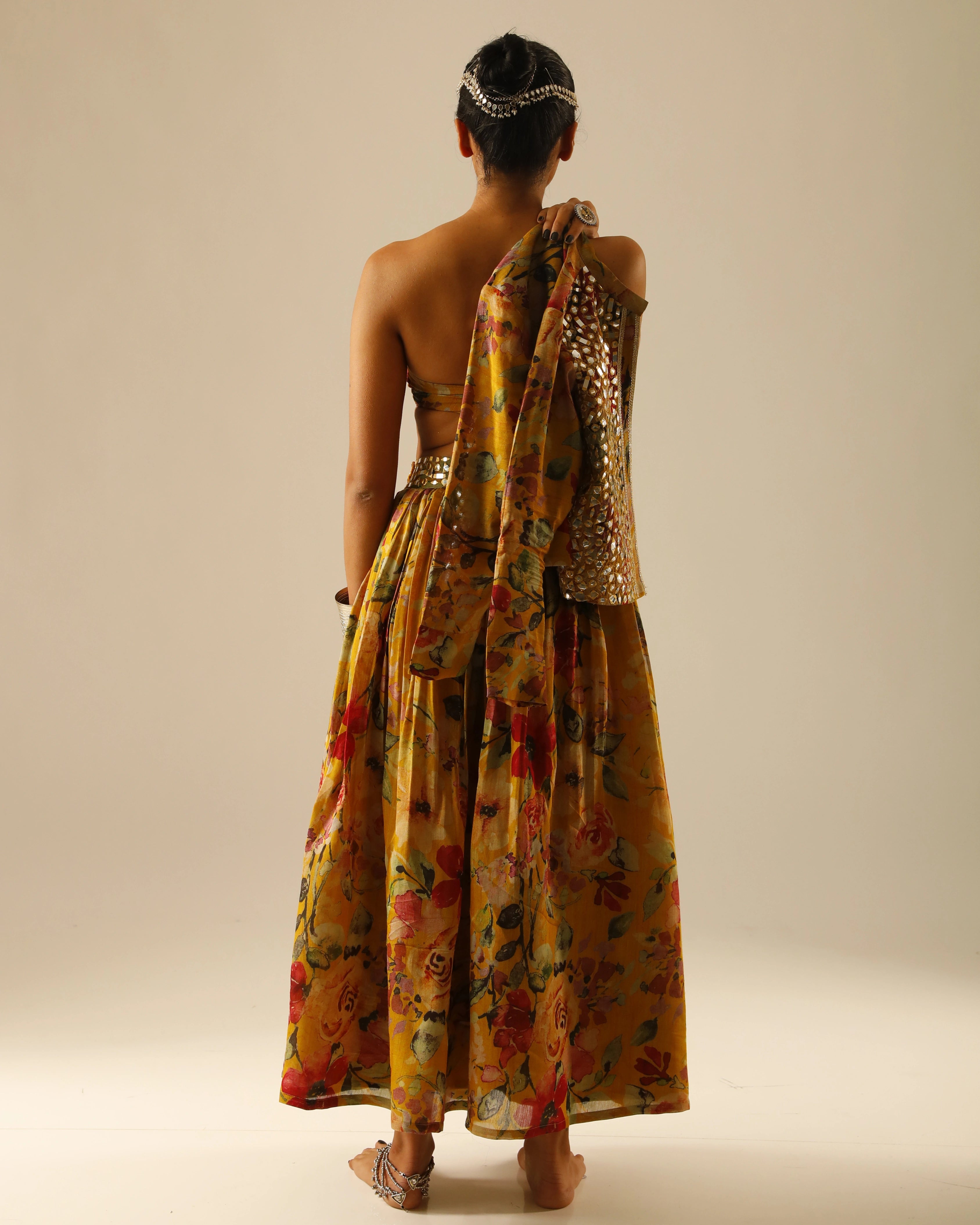 Yellow Silk Floral Skirt and Jacket Set with All Over Mirror Work
