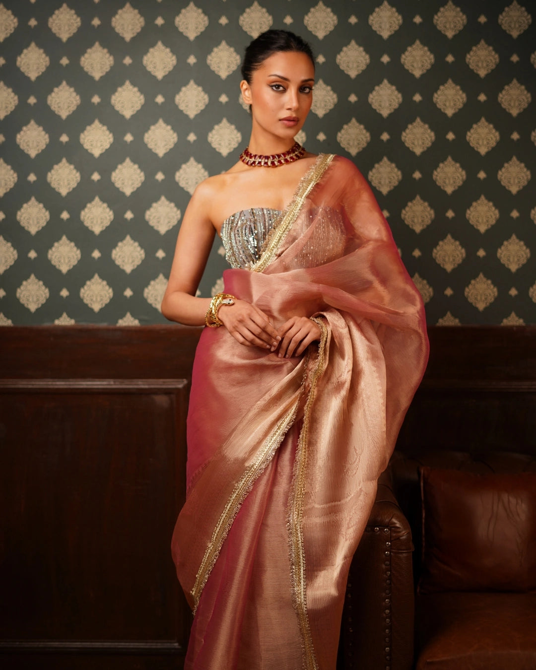 Copper Brown Shimmer Tissue Saree with Zari and Lace Border Work