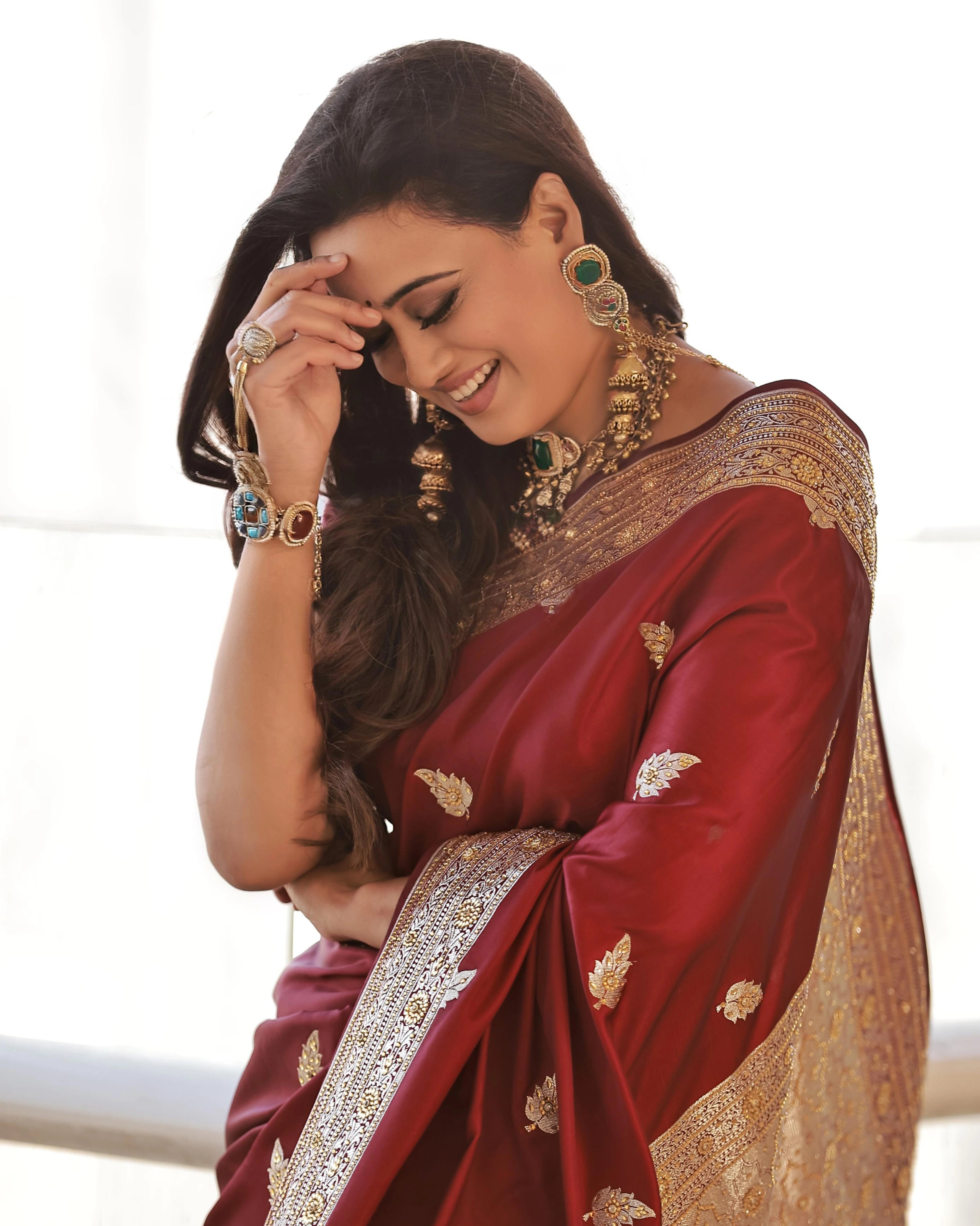 Magenta Pink Pure Banarasi Silk Saree with All-Over Gold Zari Border Floral Leaf Design and Matching Blouse