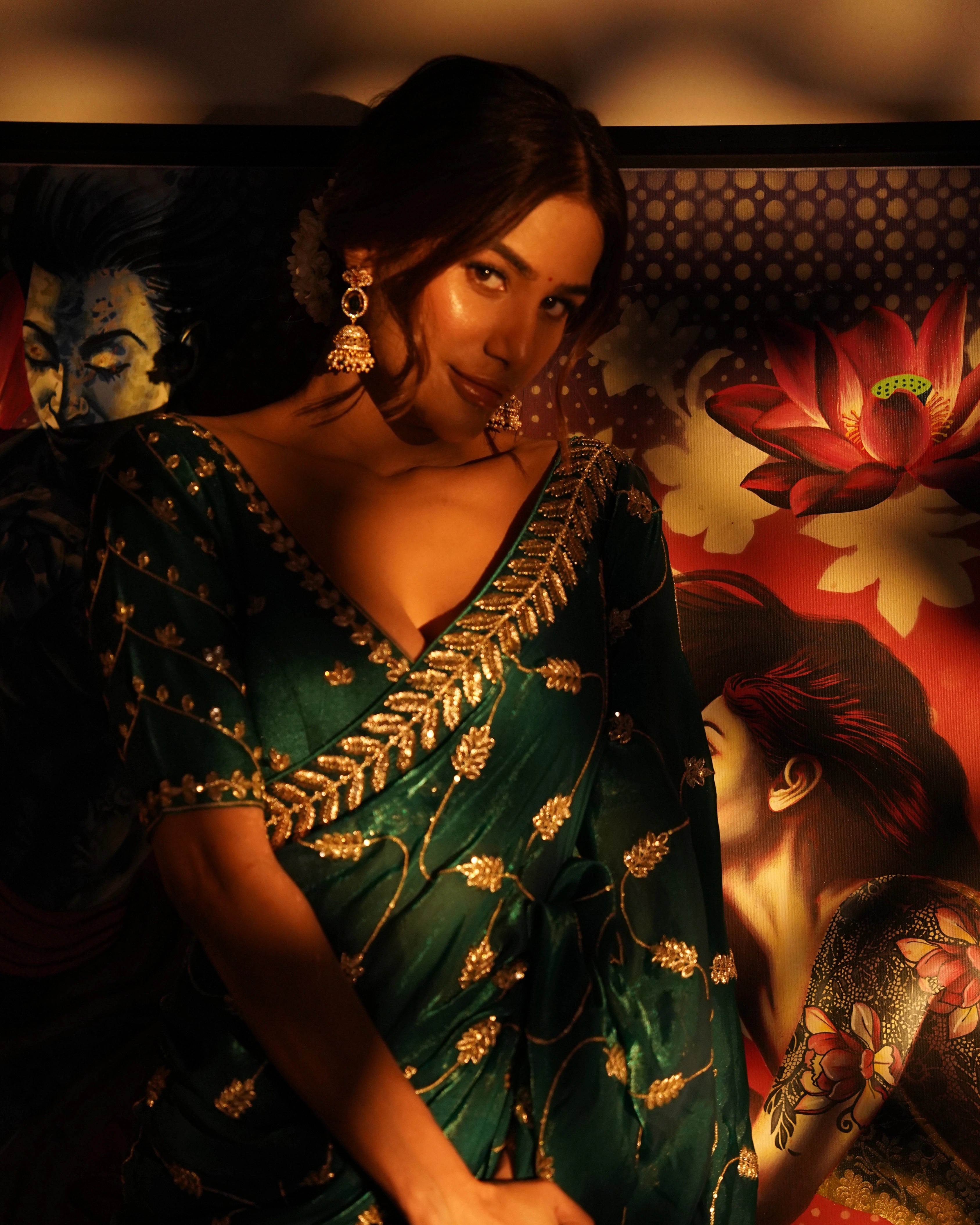Emerald Green and Gold Leaf Silk Saree with Sequin Thread Embroidery and Matching Embroidered Blouse