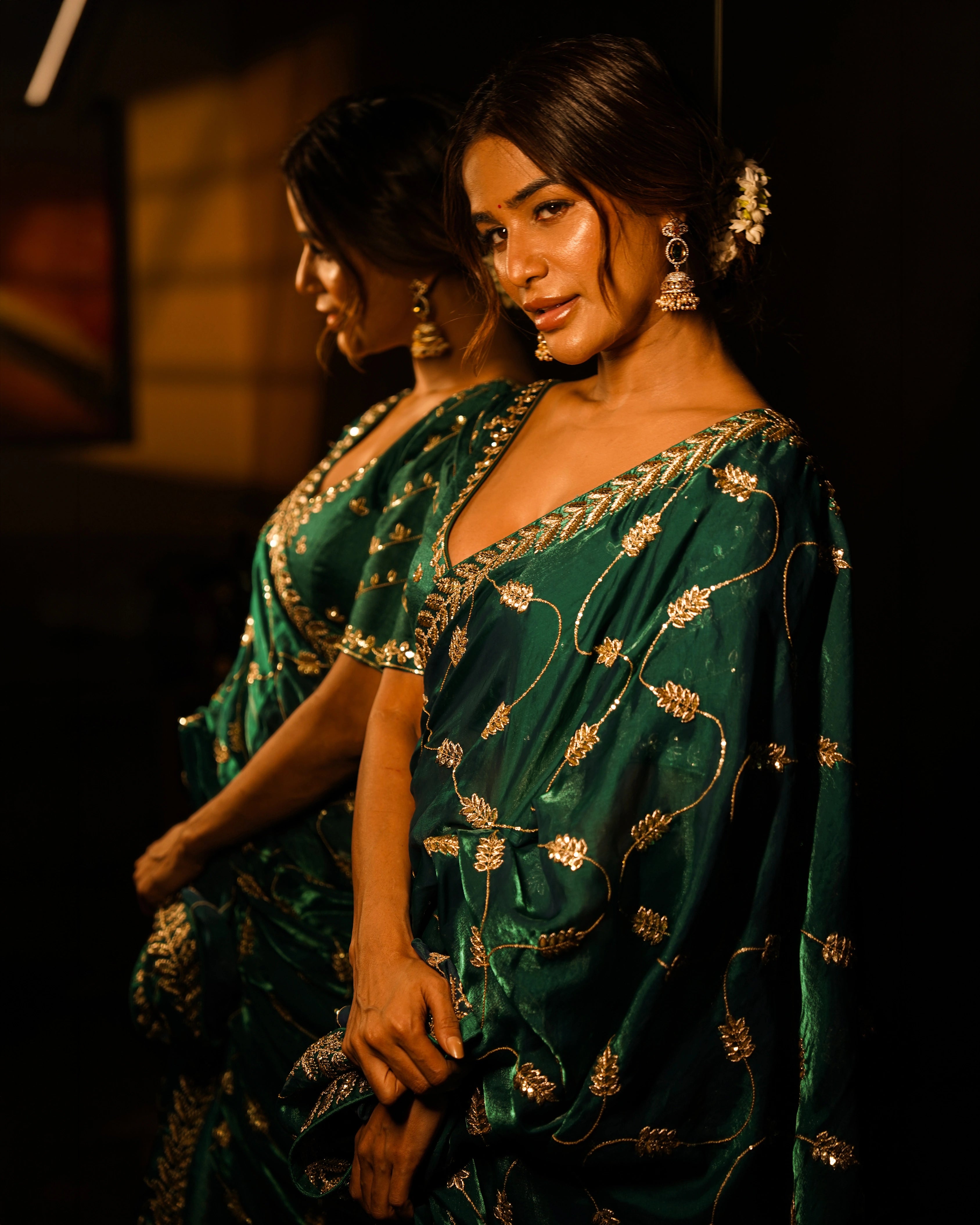 Emerald Green and Gold Leaf Silk Saree with Sequin Thread Embroidery and Matching Embroidered Blouse