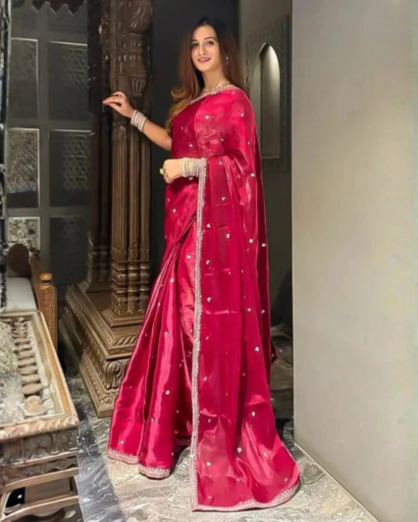 Red Silk Sequin Embroidery Work Saree and Floral Embroidery Blouse
