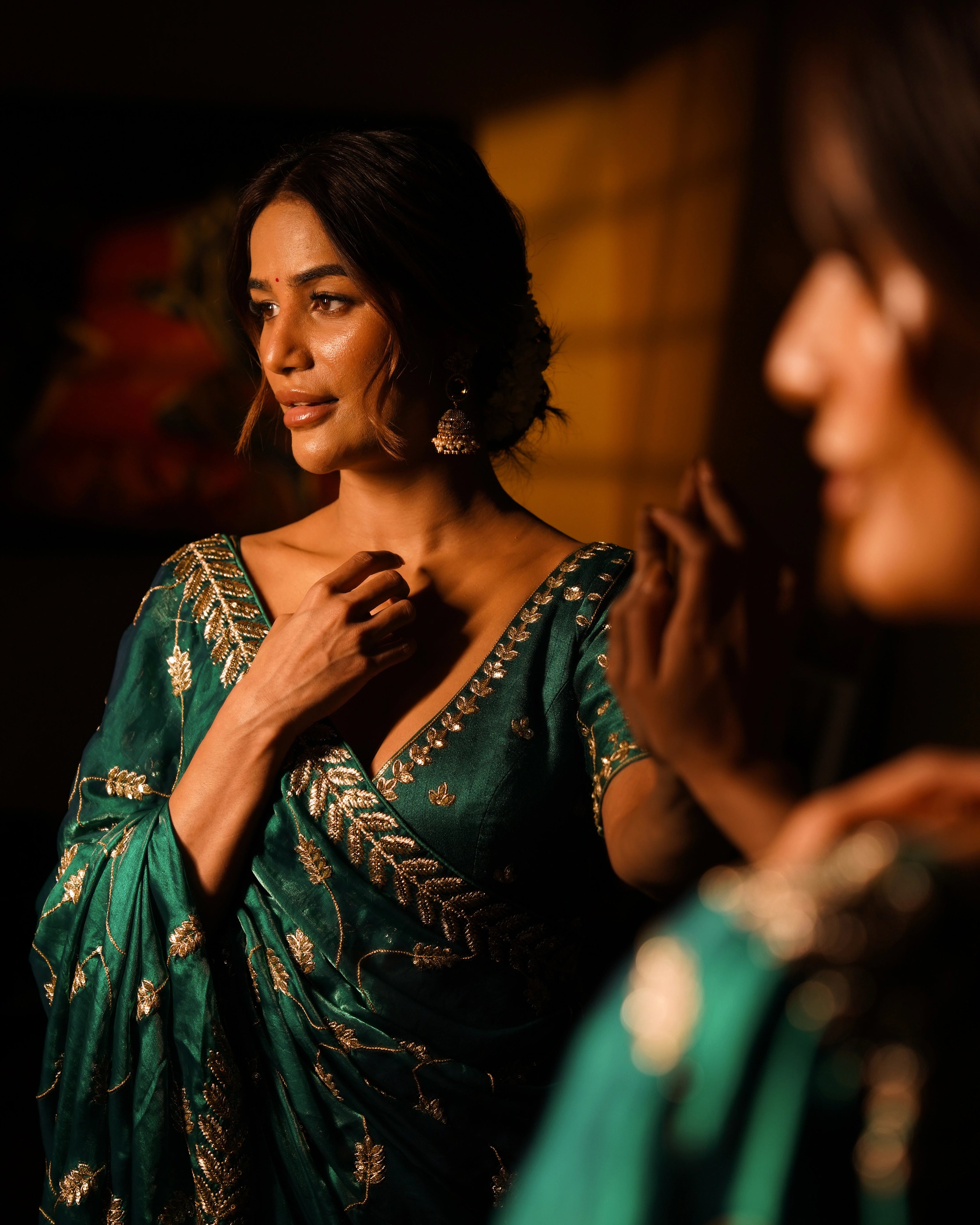 Emerald Green and Gold Leaf Silk Saree with Sequin Thread Embroidery and Matching Embroidered Blouse