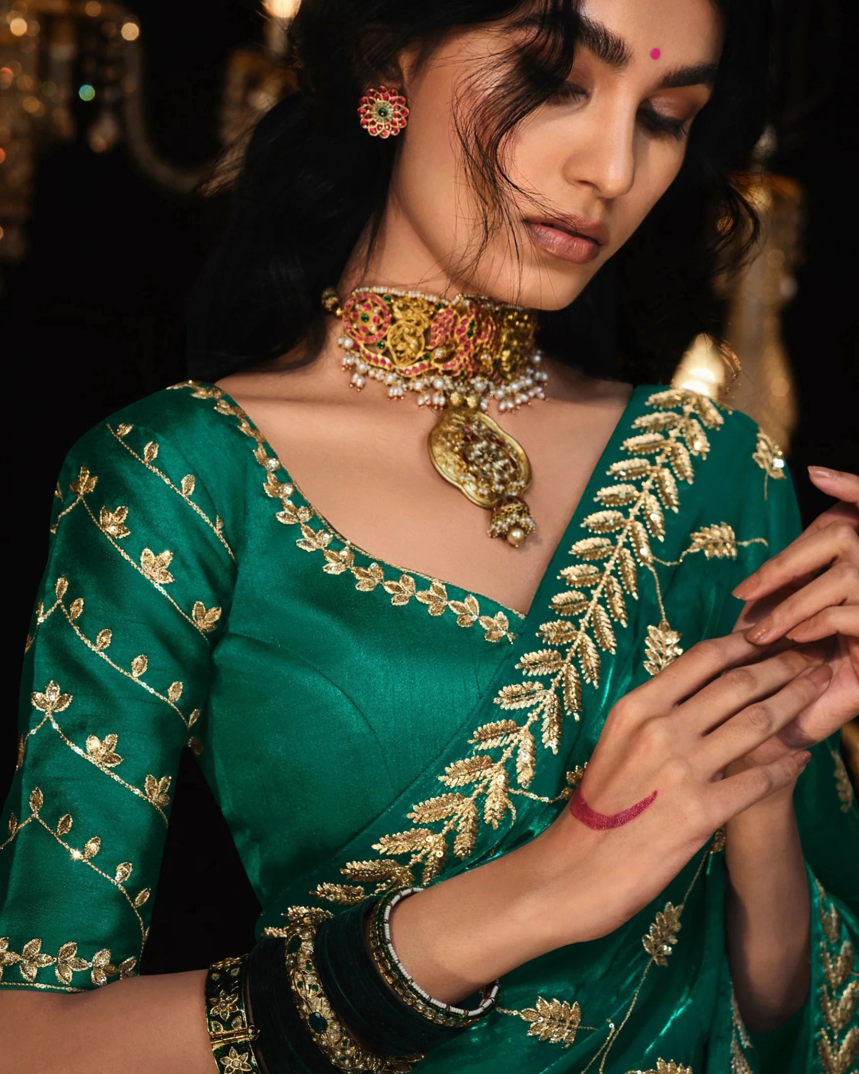 Emerald Green and Gold Leaf Silk Saree with Sequin Thread Embroidery and Matching Embroidered Blouse