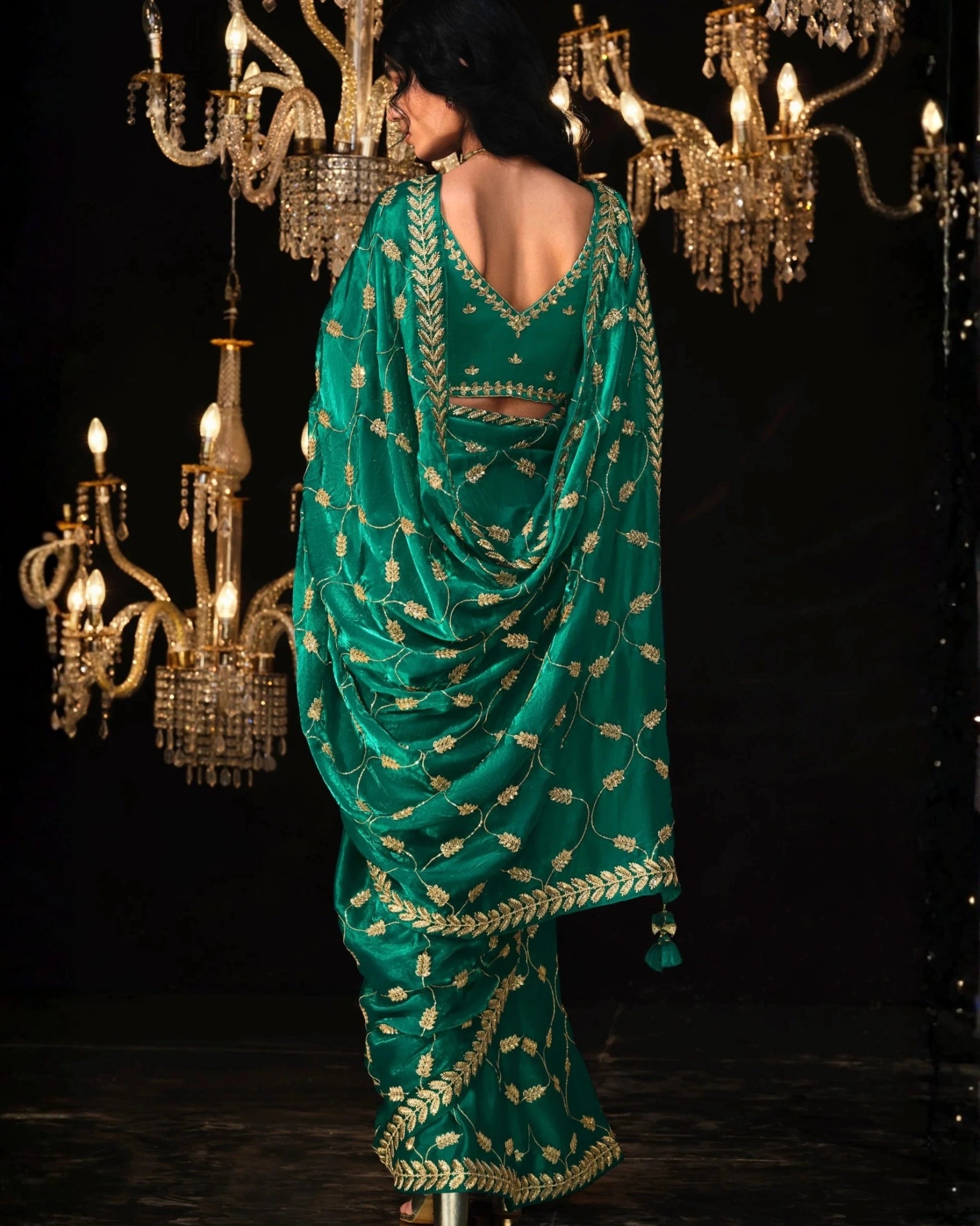 Emerald Green and Gold Leaf Silk Saree with Sequin Thread Embroidery and Matching Embroidered Blouse