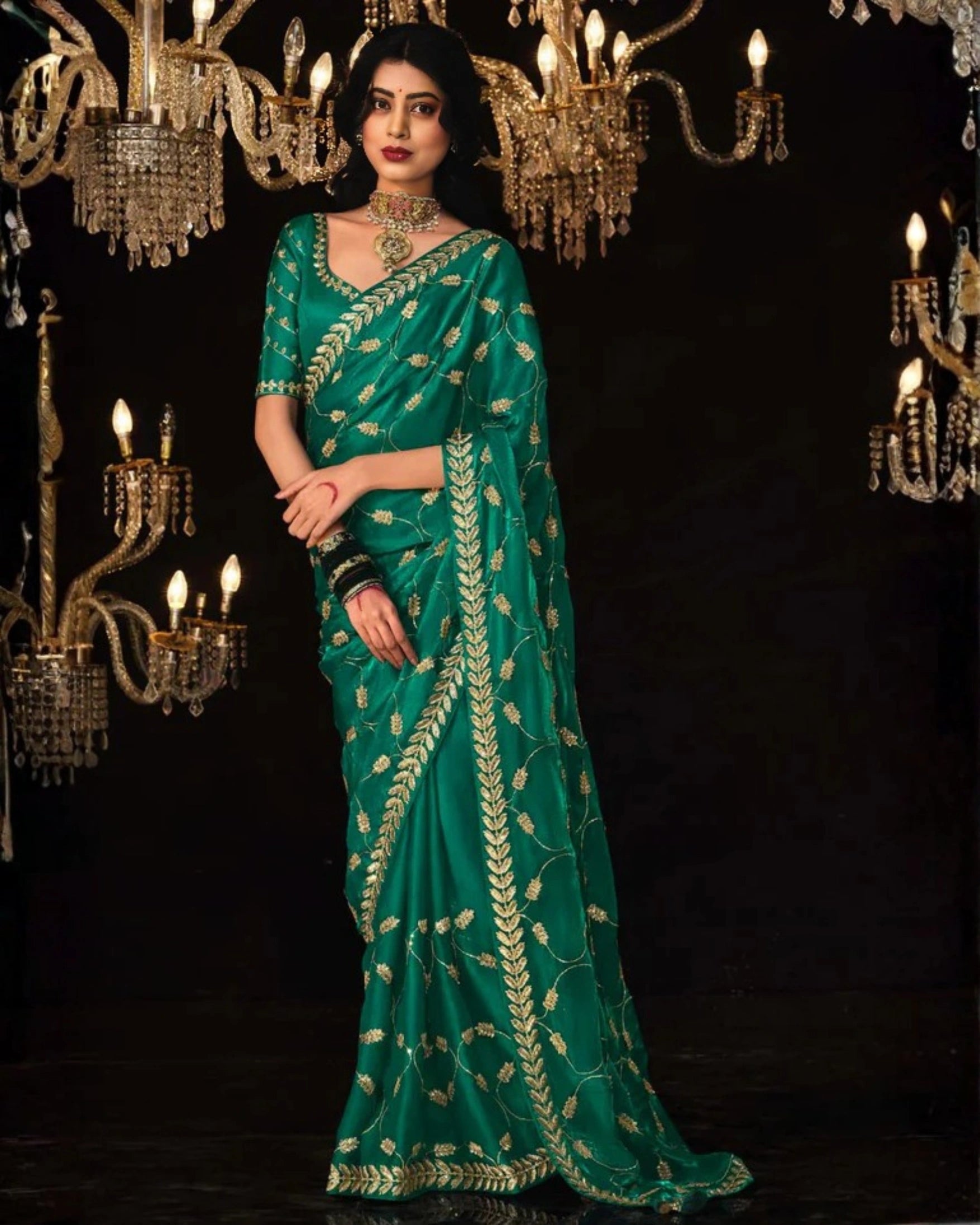 Emerald Green and Gold Leaf Silk Saree with Sequin Thread Embroidery and Matching Embroidered Blouse