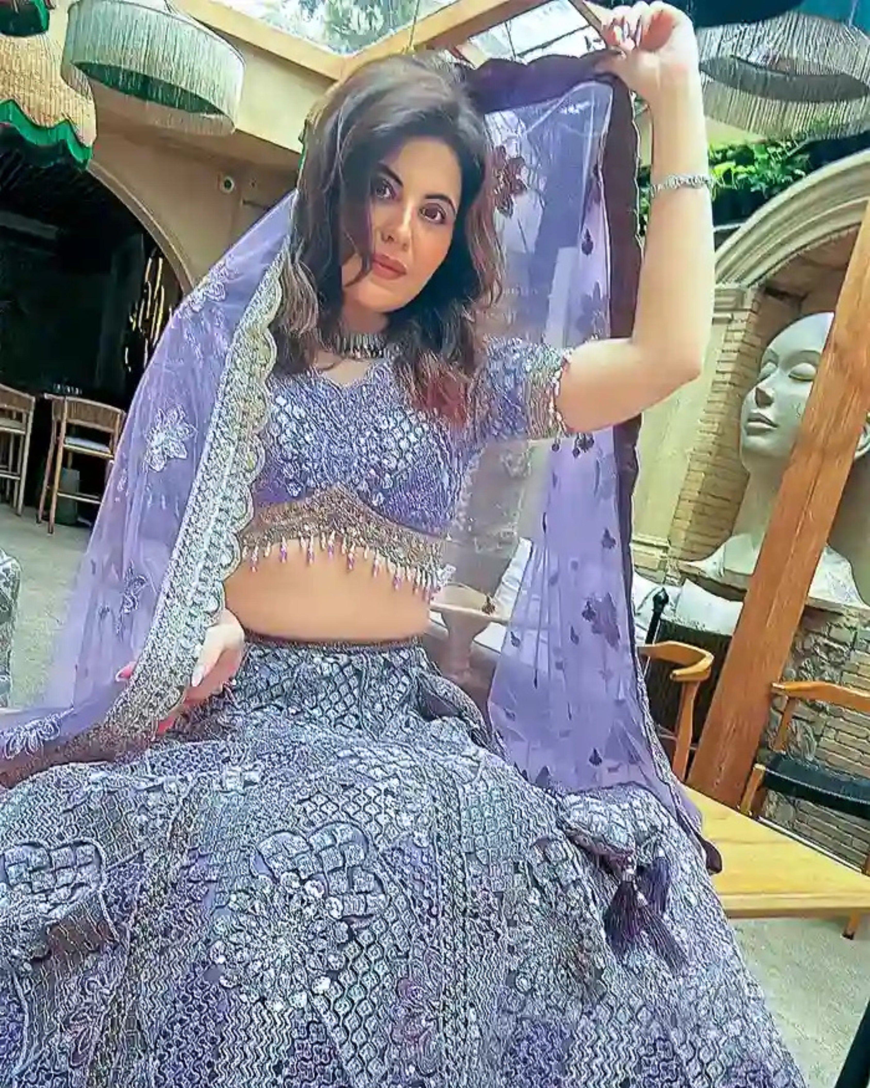 Lavender Silk Lehenga with Floral Embroidery Mirror Stonework and Gold Zari Border Work
