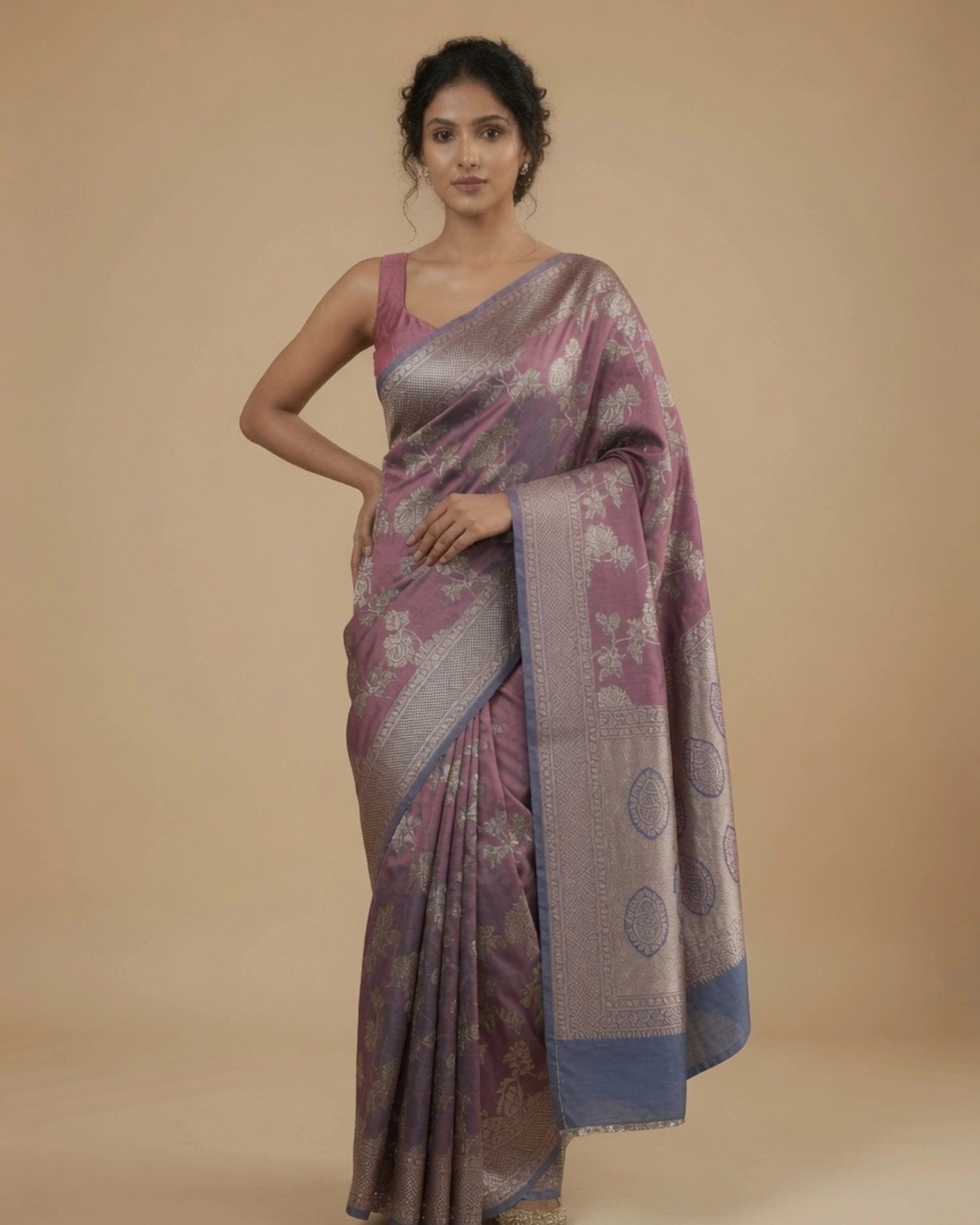 Pink Pure Banarasi Silk Saree with All-Over Gold Zari Floral Design and Matching Blouse
