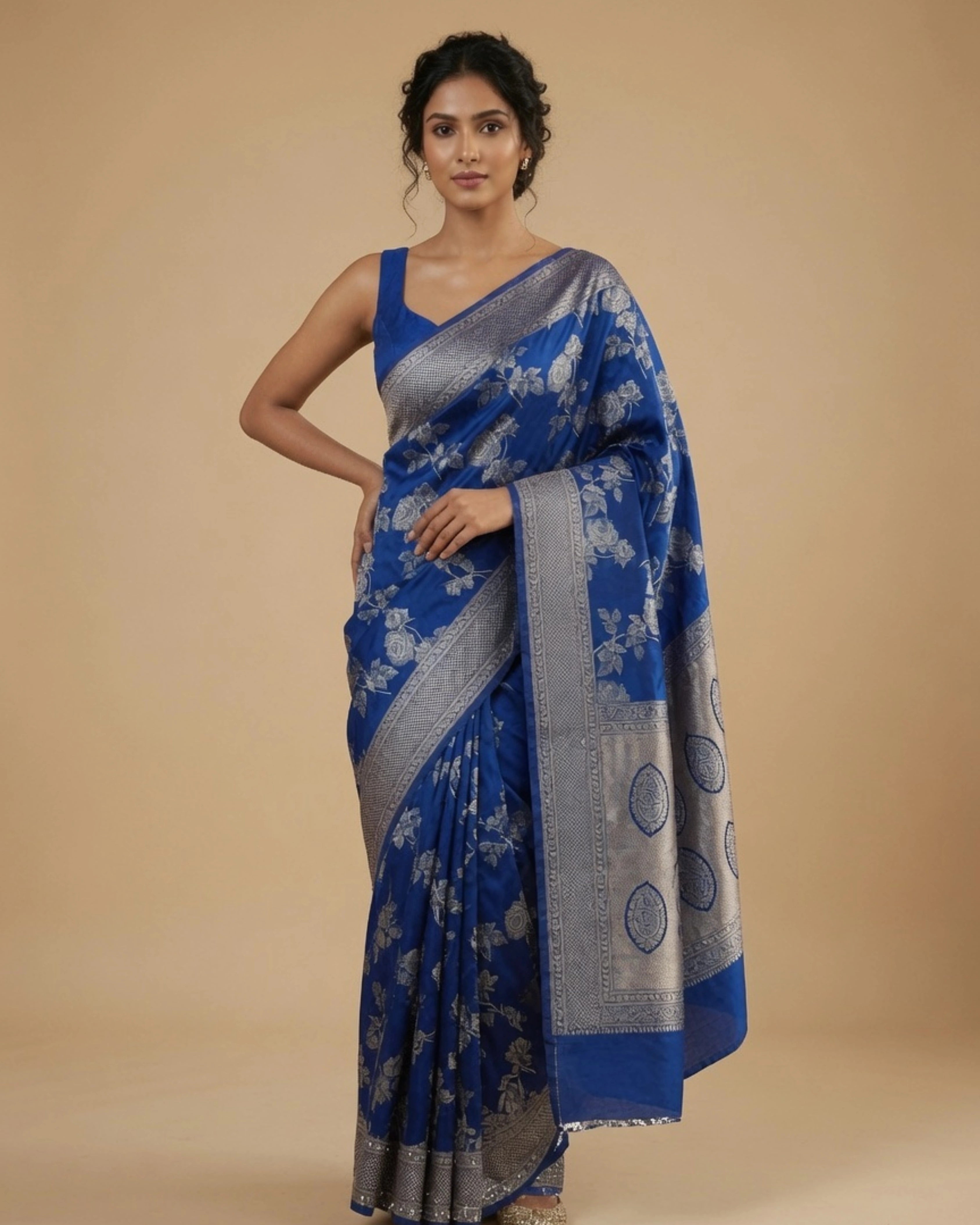 Navy Blue Pure Banarasi Silk Saree with All-Over Gold Zari Floral Design and Matching Blouse